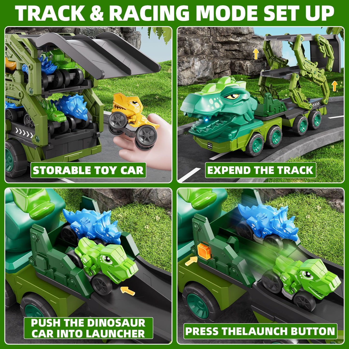 IHaha 10-in-1 Dinosaur Truck Toys with 9 Dino Cars – Foldable Track, Lights & Sounds | Gift for Kids 3–8