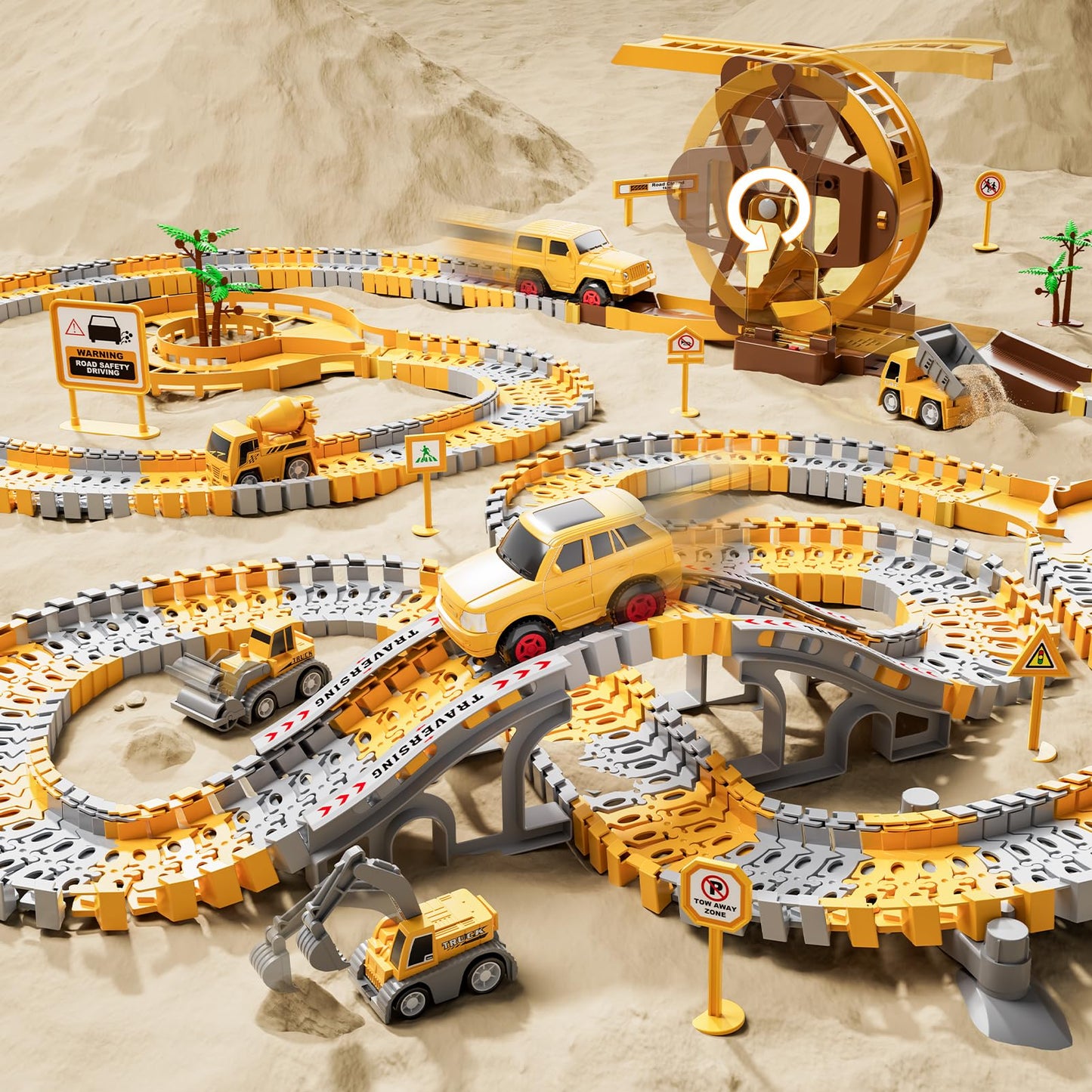iHaHa 299 PCS Construction Race Track Set – 6 Engineering Cars & Flexible Track for 3-6 Year Old Boys