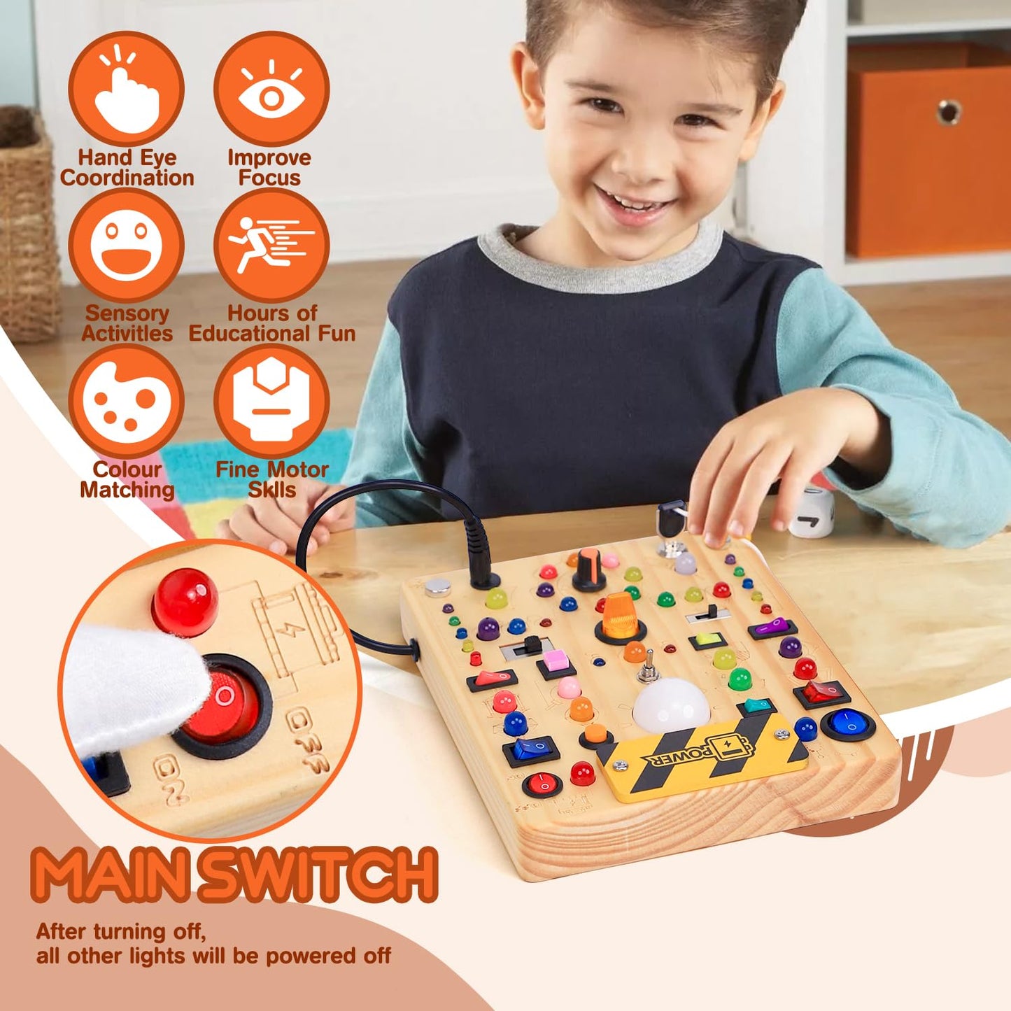 iHarPro Busy Board with 19 LED Switches — Wooden Montessori Sensory Toy for Toddlers