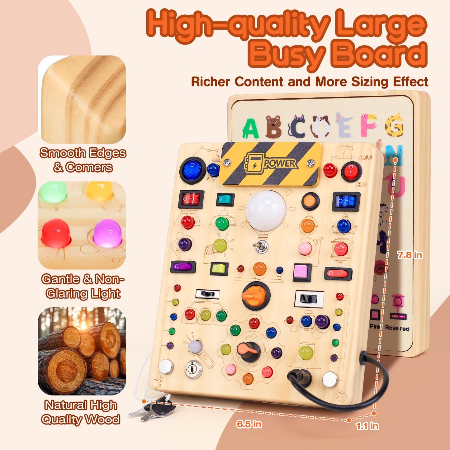 iHarPro Busy Board with 19 LED Switches — Wooden Montessori Sensory Toy for Toddlers