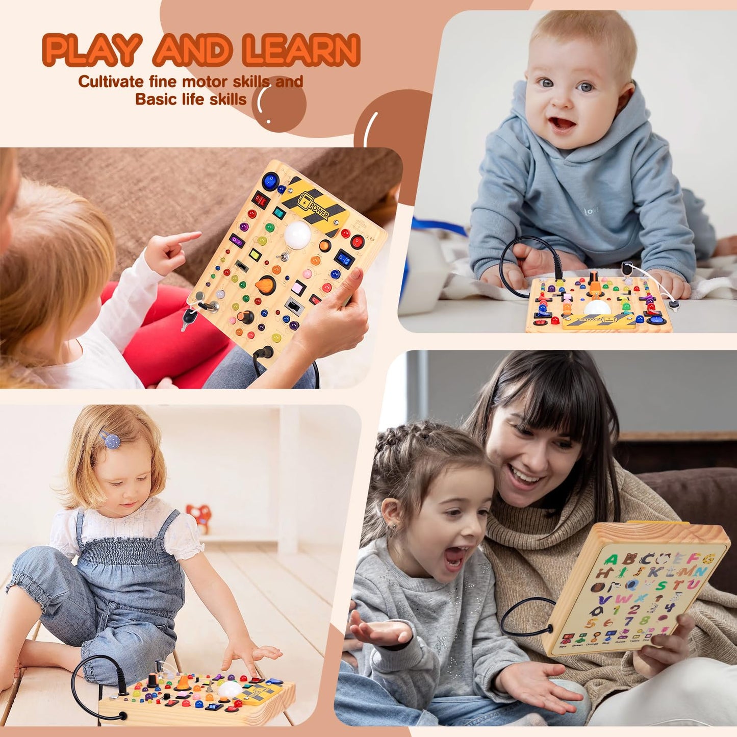 iHarPro Busy Board with 19 LED Switches — Wooden Montessori Sensory Toy for Toddlers