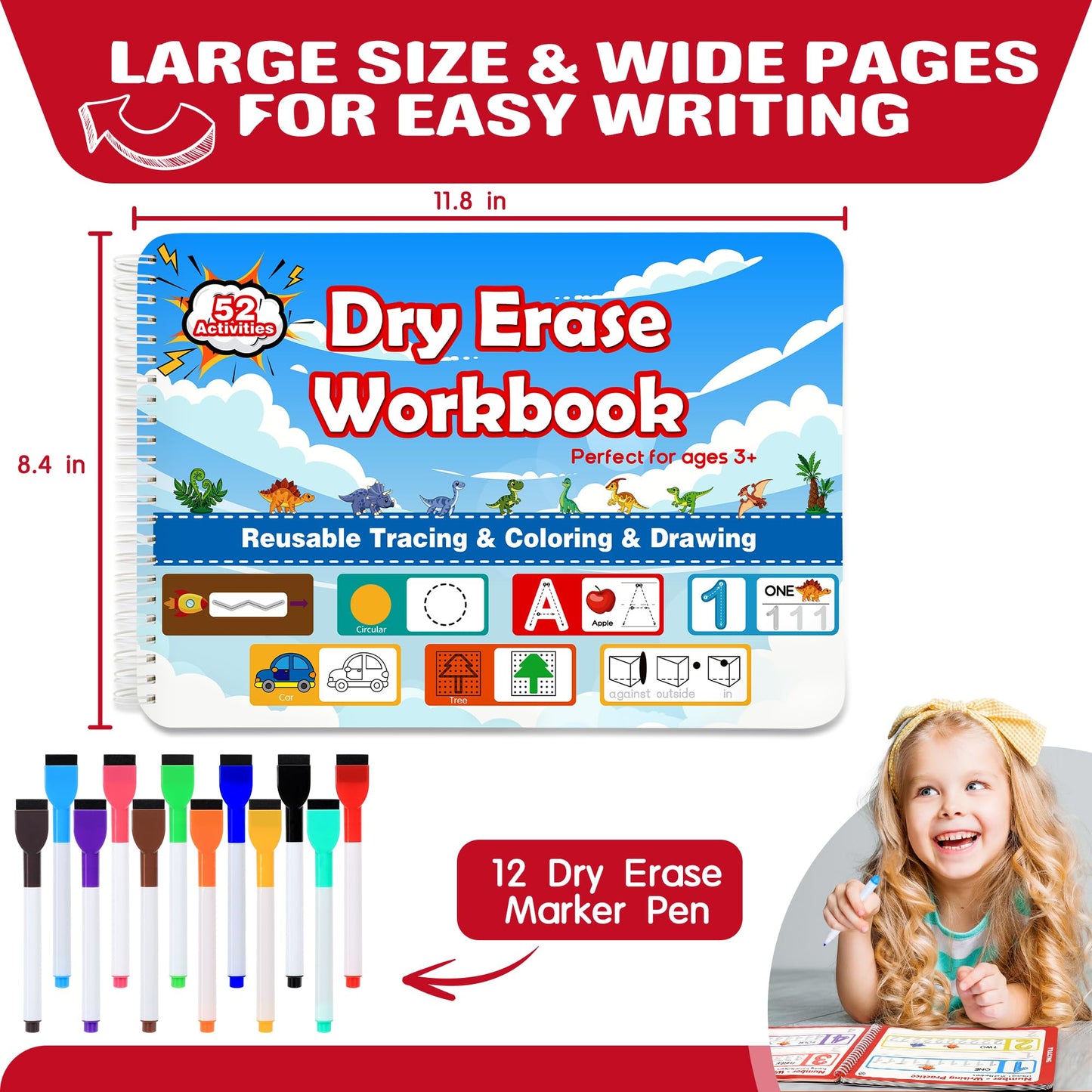 iHarPro Preschool Learning Activities – 52-Page Handwriting Practice Book + 12 Dry Erase Markers
