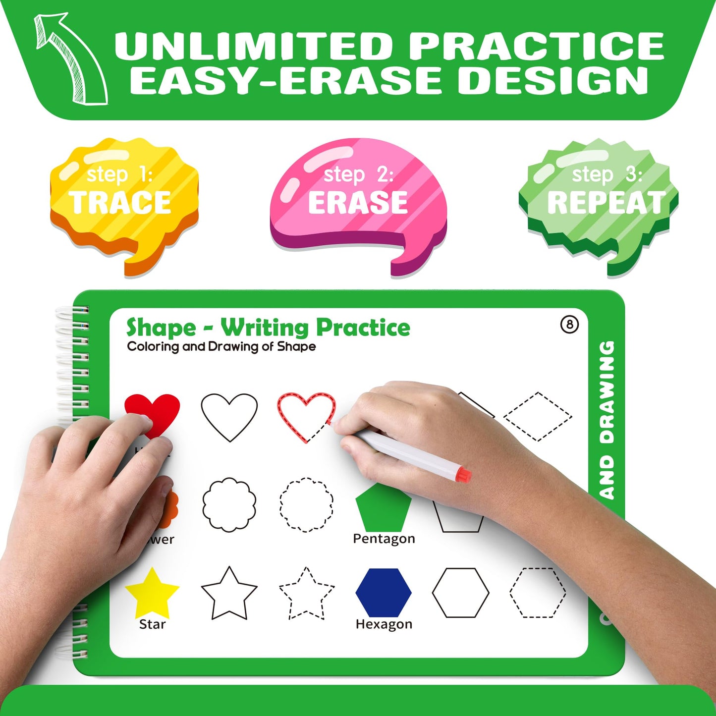 iHarPro Preschool Learning Activities – 52-Page Handwriting Practice Book + 12 Dry Erase Markers