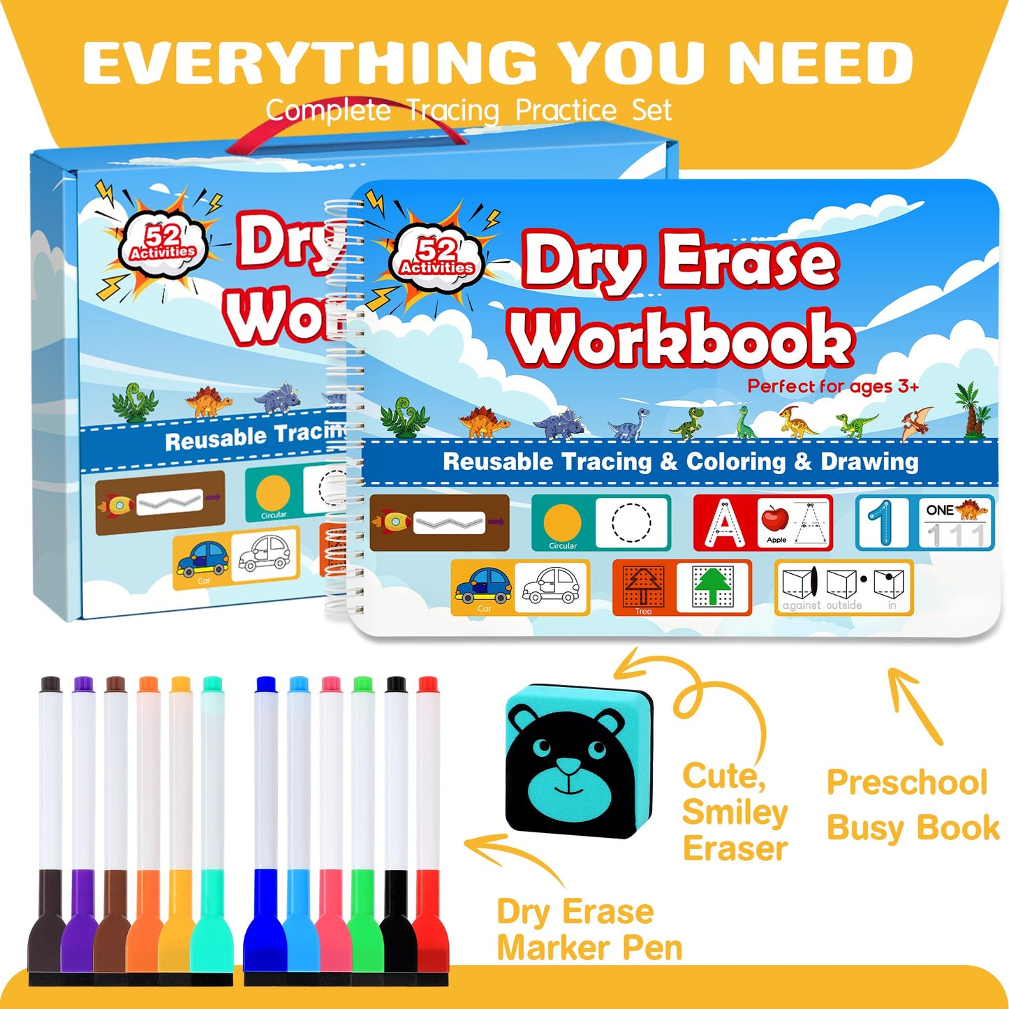 iHarPro Preschool Learning Activities – 52-Page Handwriting Practice Book + 12 Dry Erase Markers