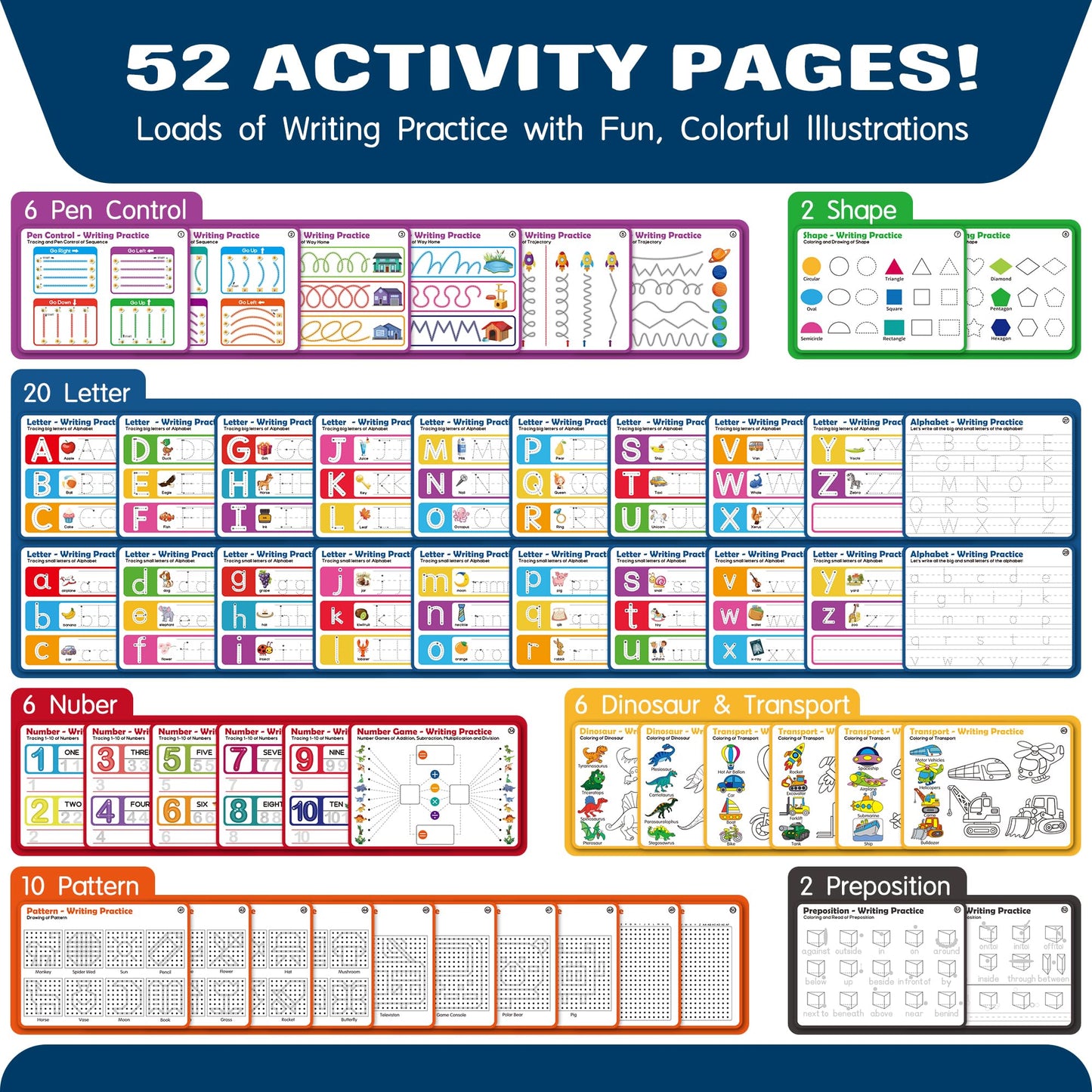 iHarPro Preschool Learning Activities – 52-Page Handwriting Practice Book + 12 Dry Erase Markers
