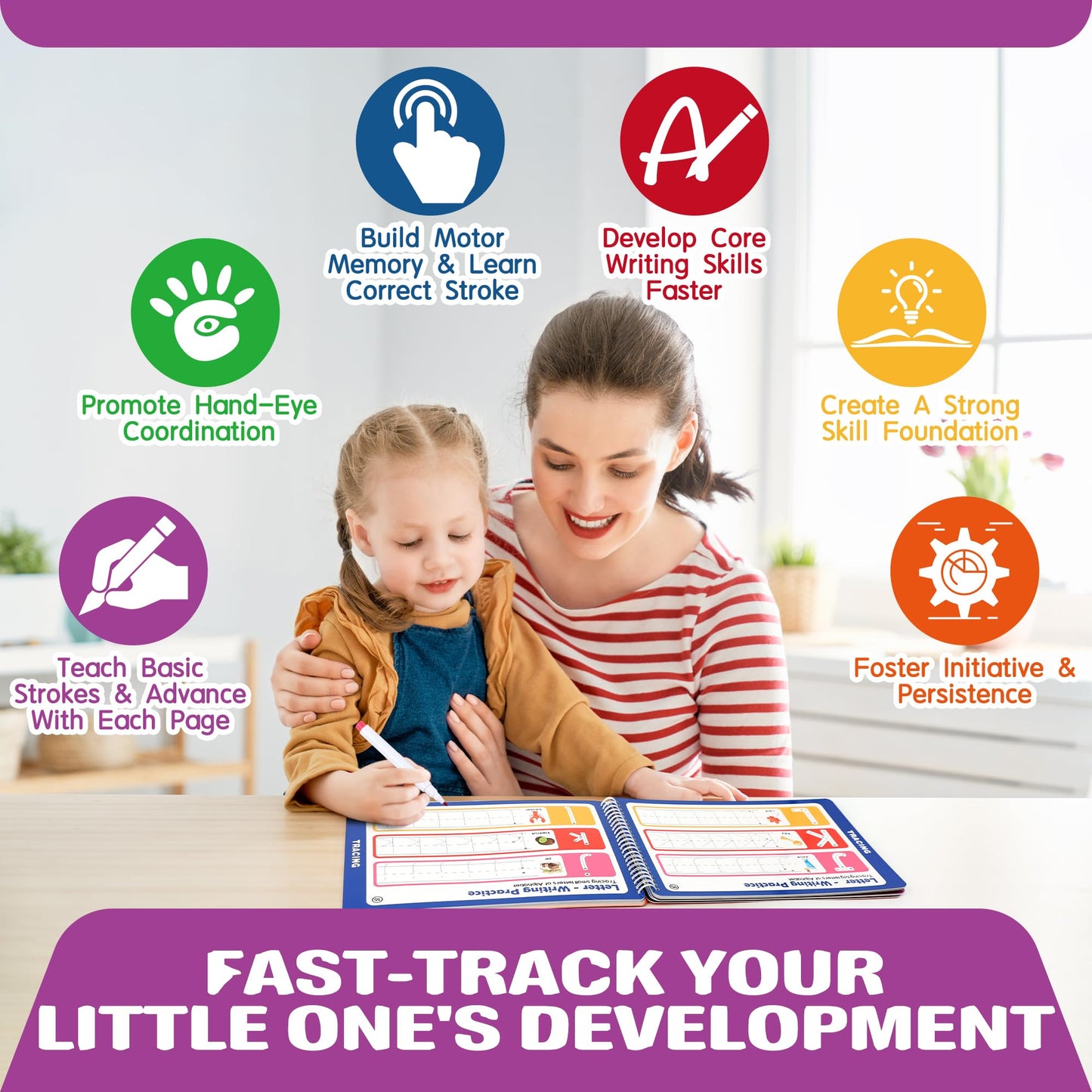 iHarPro Preschool Learning Activities – 52-Page Handwriting Practice Book + 12 Dry Erase Markers