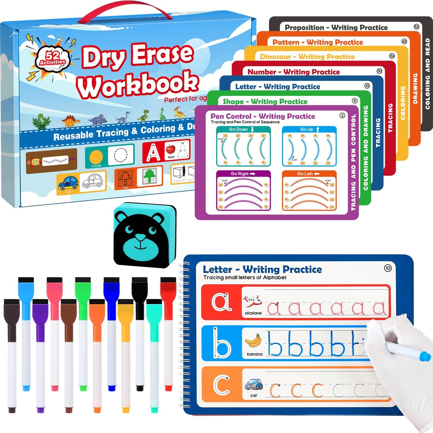iHarPro Preschool Learning Activities – 52-Page Handwriting Practice Book + 12 Dry Erase Markers