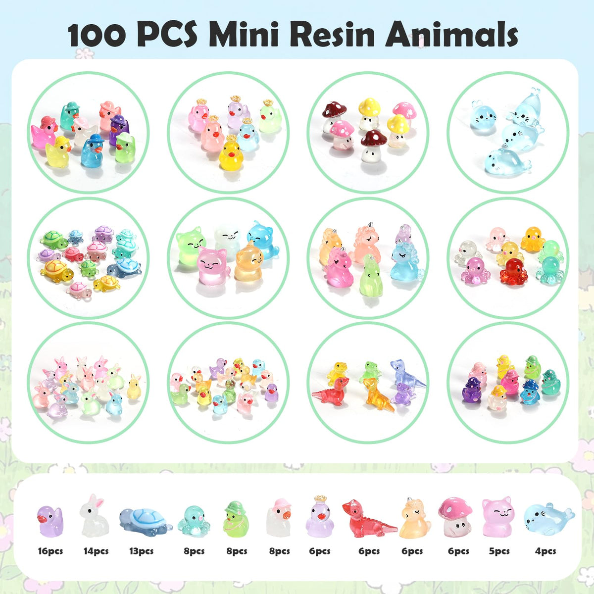 IHFAIO 100Pcs Mini Resin Animals Glow-in-the-Dark for DIY, Garden & Dollhouse