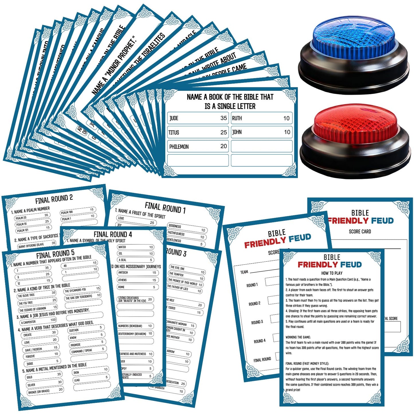 IIDEA Christian Bible Feud Game with 2 Buzzers – Church Trivia Card Game