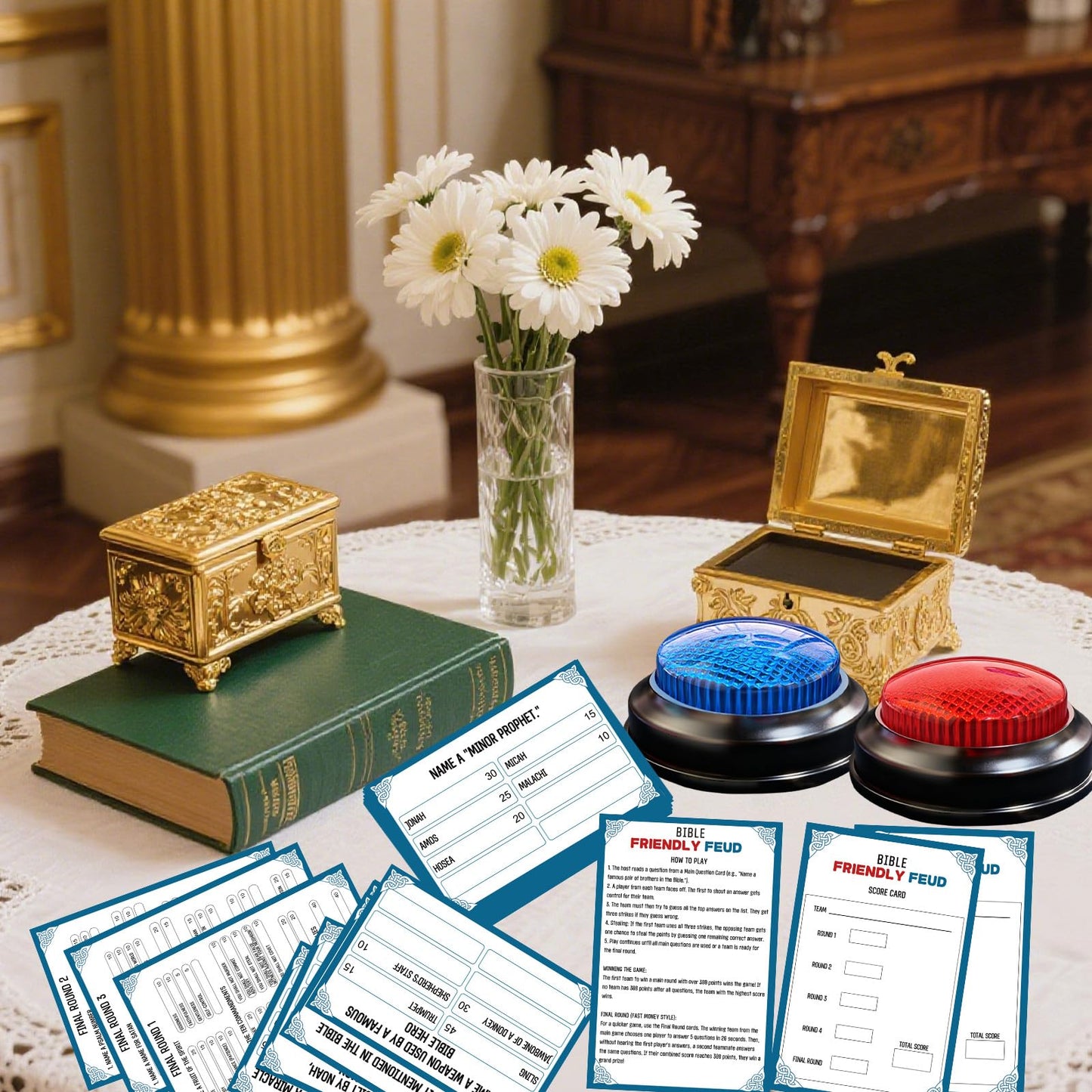IIDEA Christian Bible Feud Game with 2 Buzzers – Church Trivia Card Game