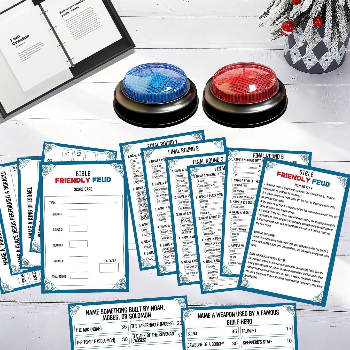 IIDEA Christian Bible Feud Game with 2 Buzzers – Church Trivia Card Game