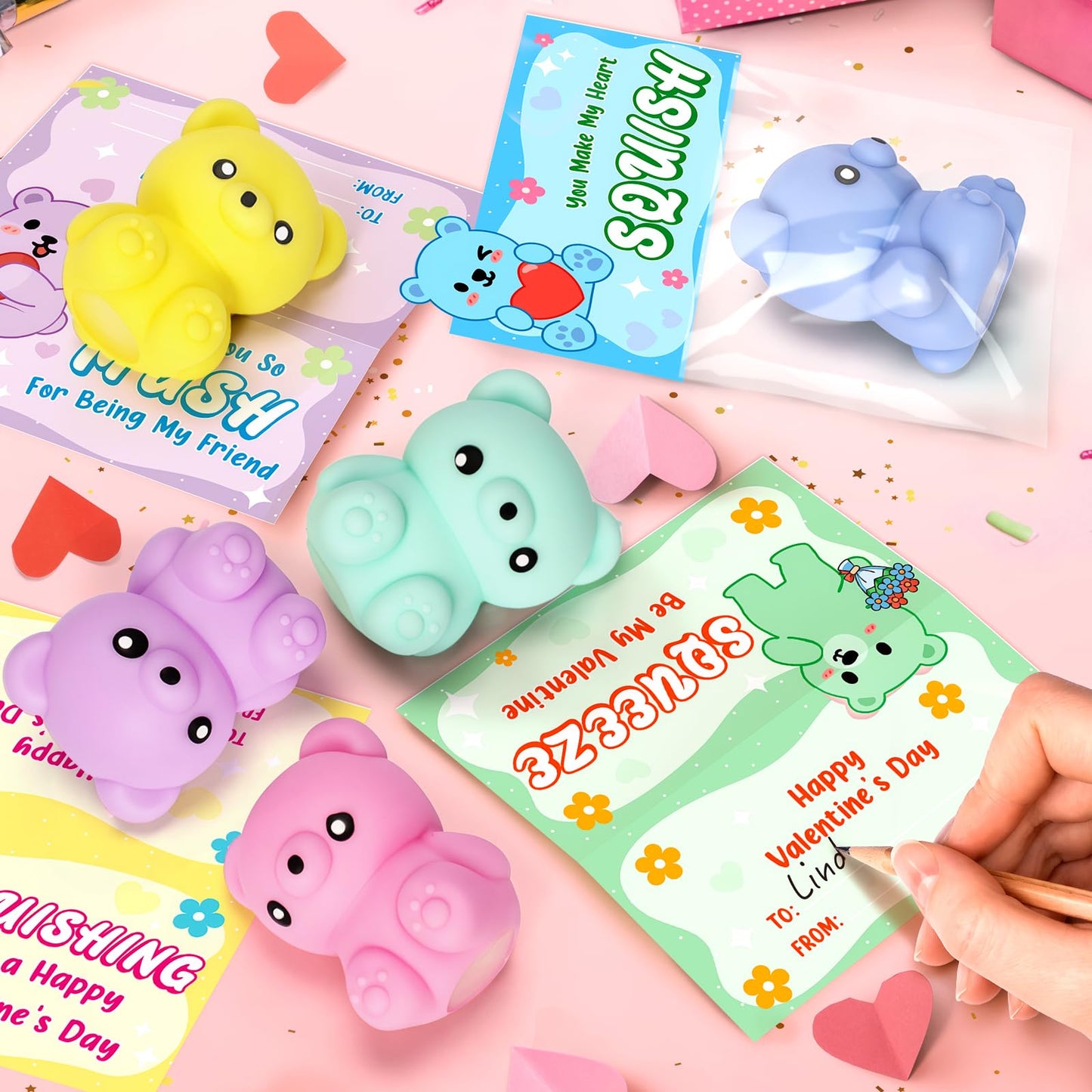 IJIGU Valentines Day Cards for Kids – 24 Macaron Bear Squeeze Toys & Cards, Classroom Gifts & Party Favors