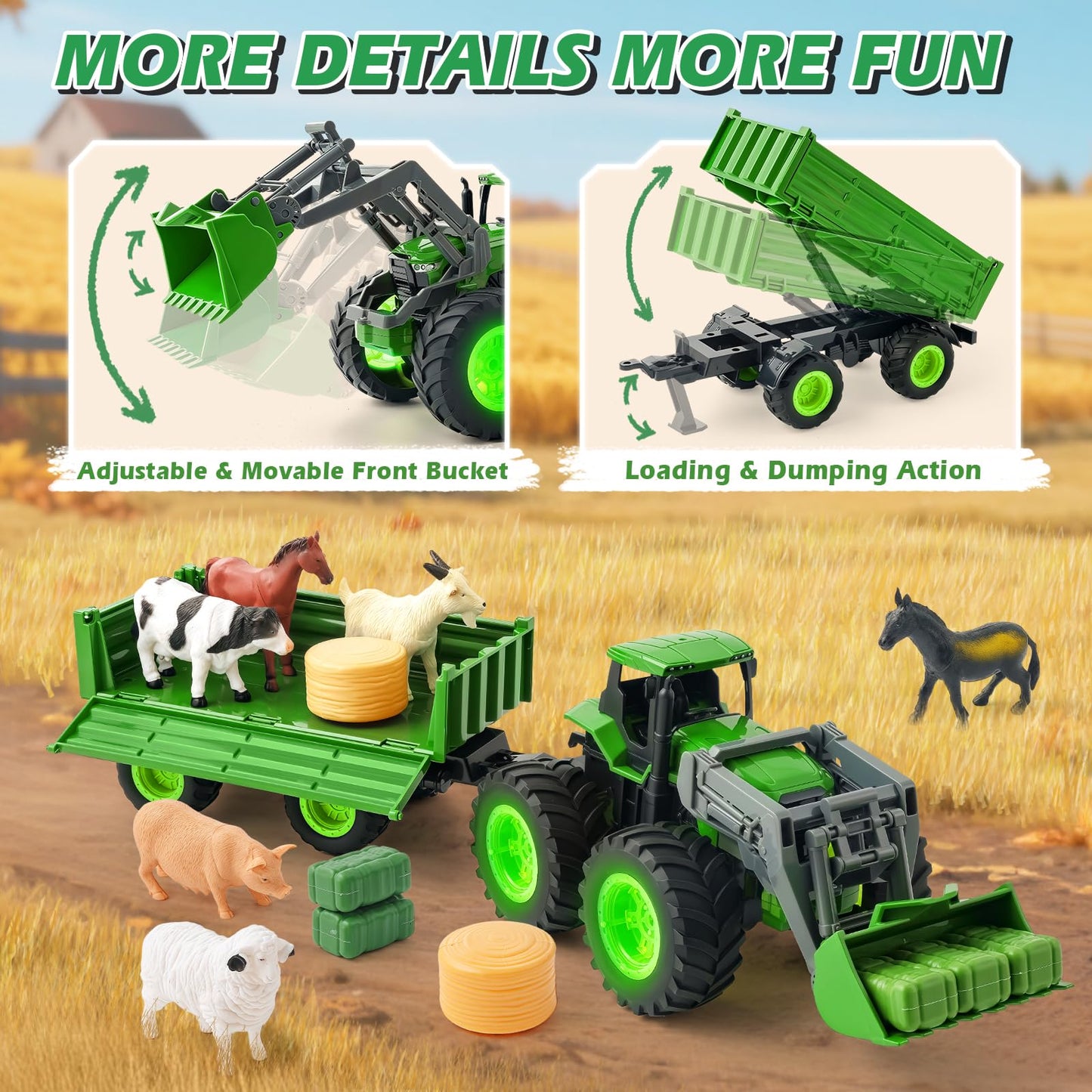 IJIGU Remote Control Tractor Toy Set with Trailer & Farm Accessories | 2.4 GHz