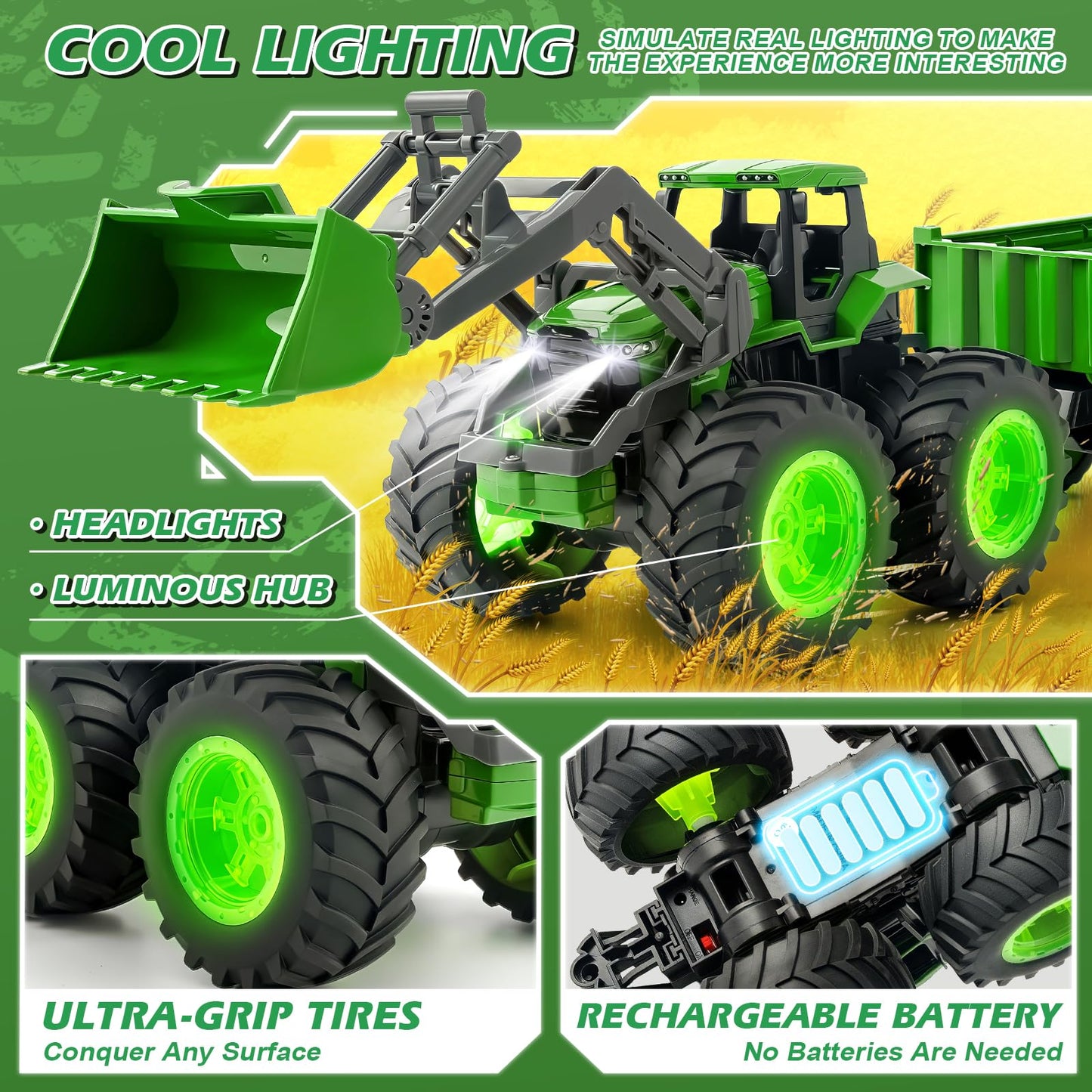 IJIGU Remote Control Tractor Toy Set with Trailer & Farm Accessories | 2.4 GHz