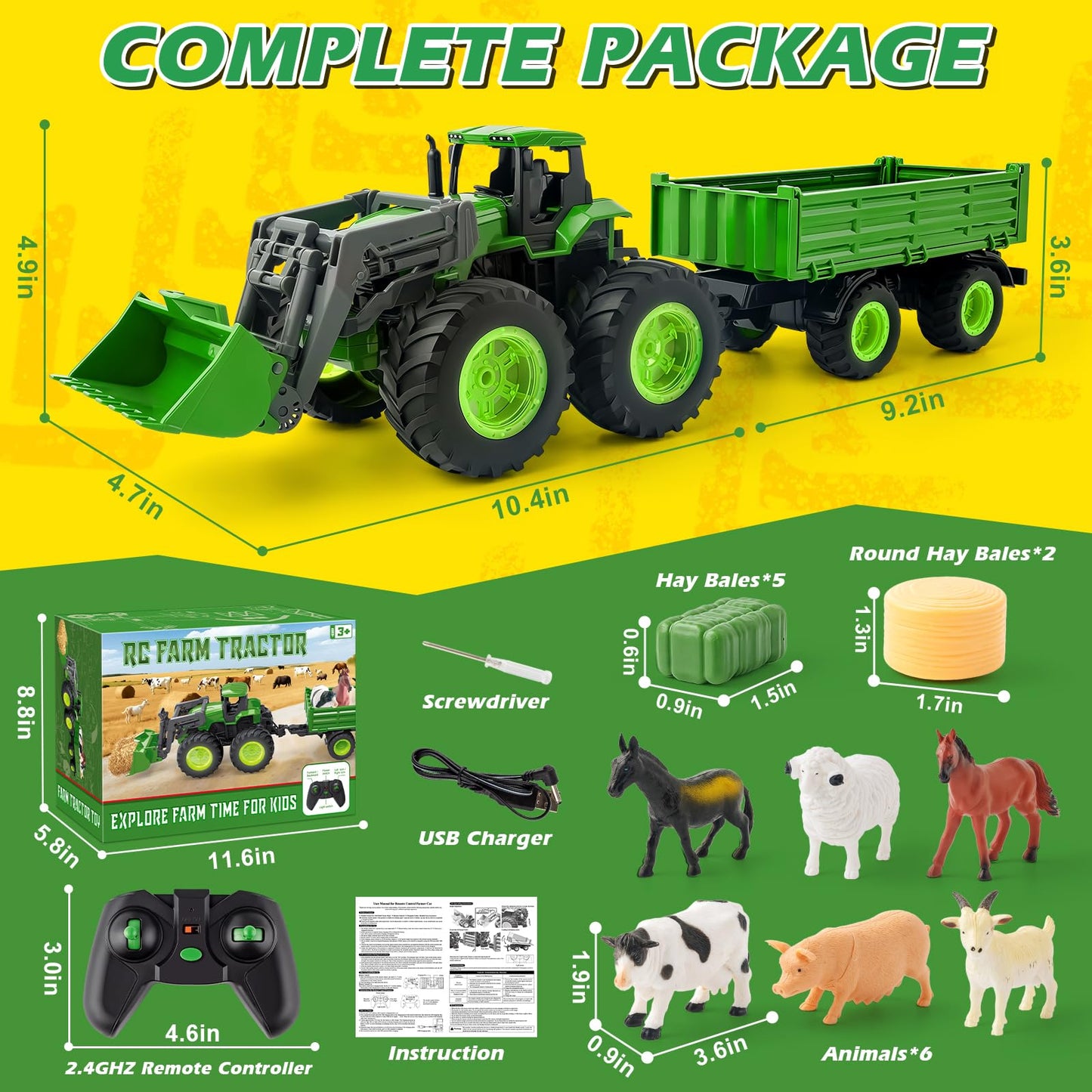 IJIGU Remote Control Tractor Toy Set with Trailer & Farm Accessories | 2.4 GHz