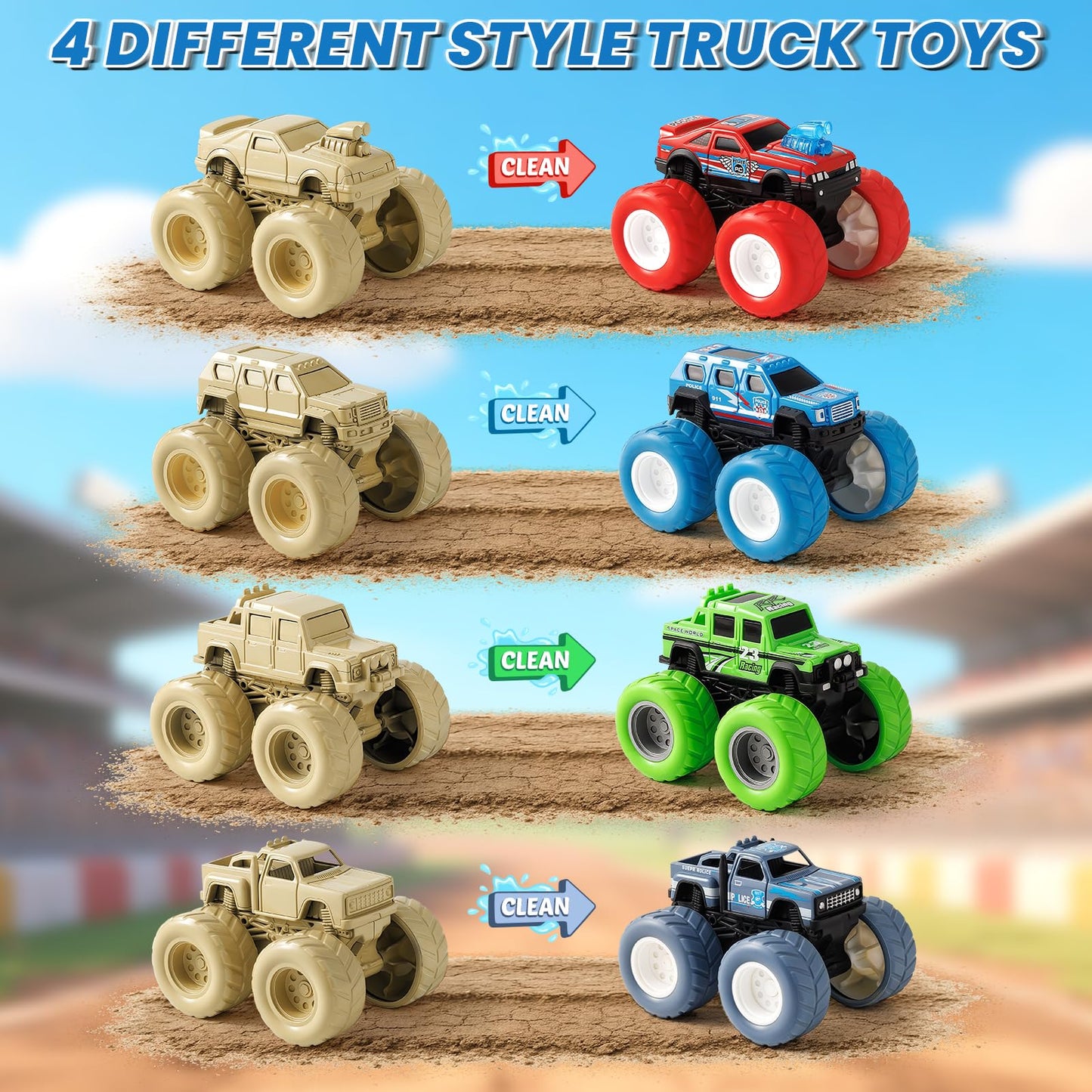IJIGU Monster Truck Toys - Wash-To-Reveal Mud Paint, 4-Pack for Kids Aged 3–7