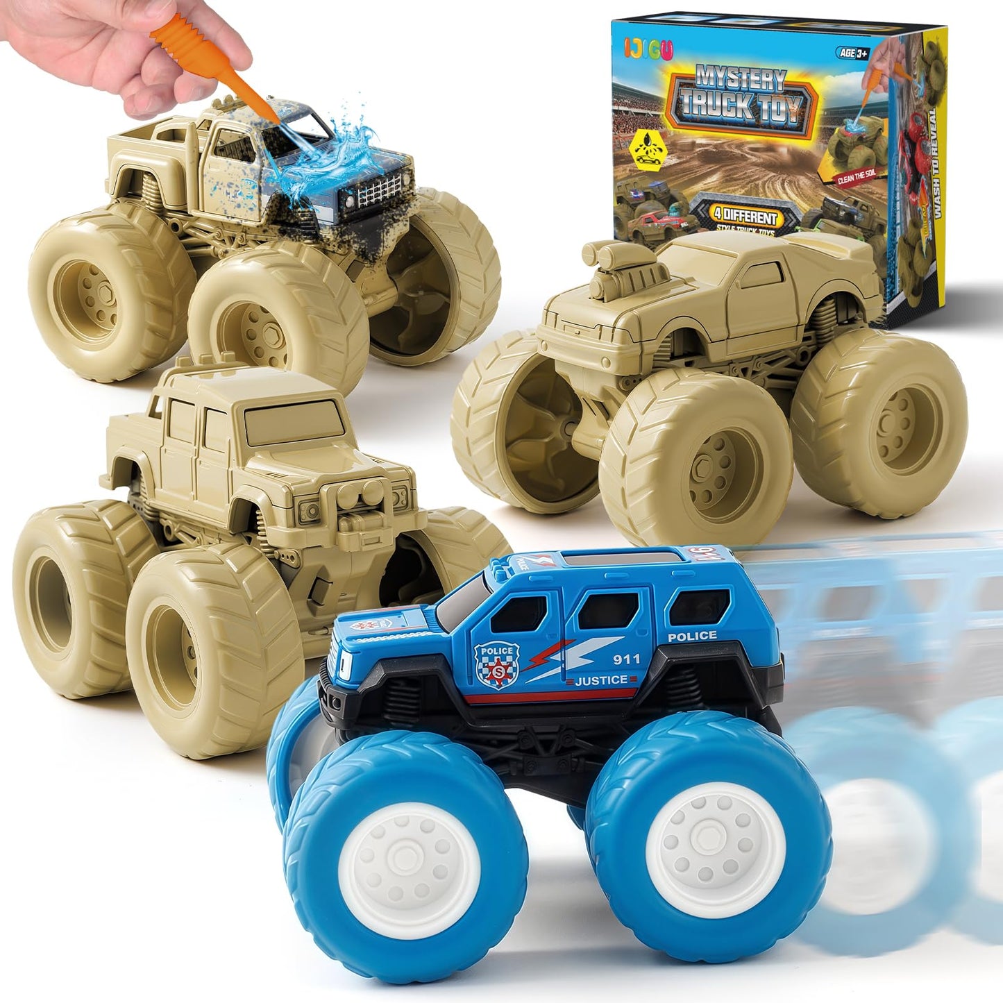 IJIGU Monster Truck Toys - Wash-To-Reveal Mud Paint, 4-Pack for Kids Aged 3–7