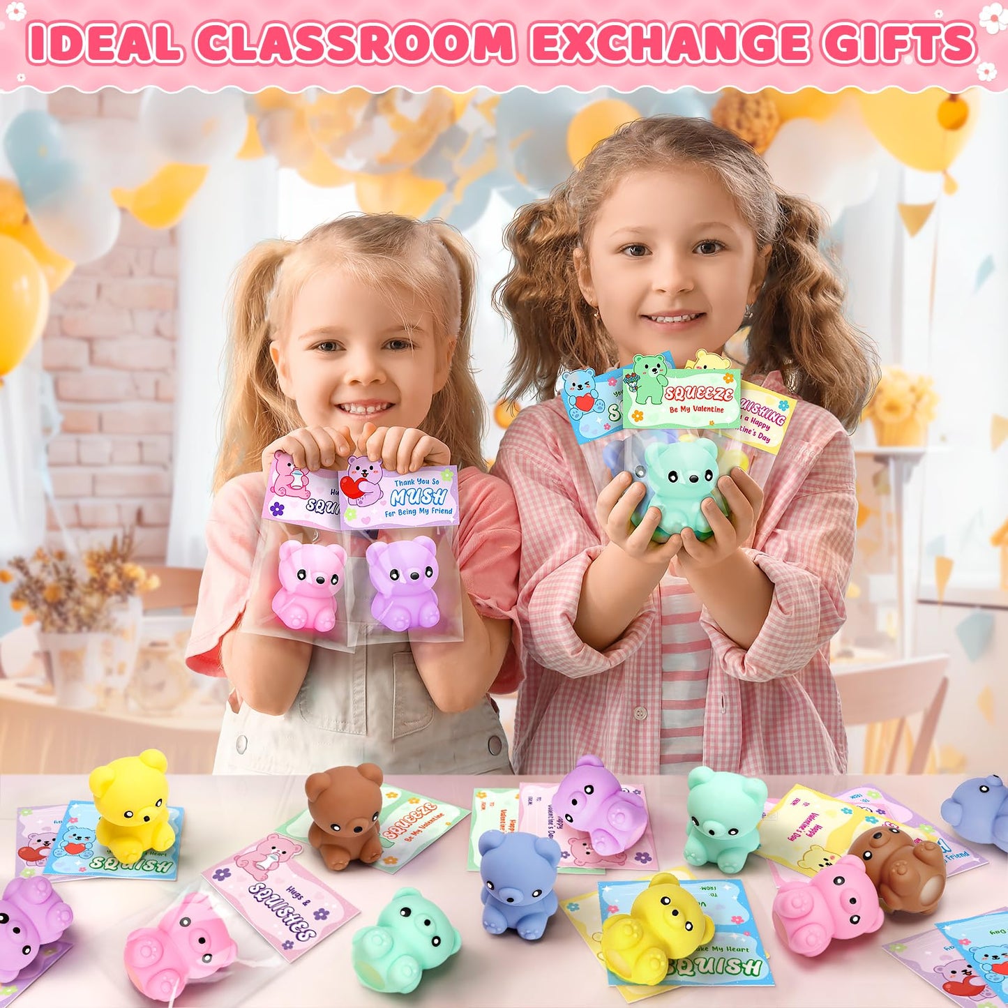 IJIGU Valentines Day Cards for Kids – 24 Macaron Bear Squeeze Toys & Cards, Classroom Gifts & Party Favors