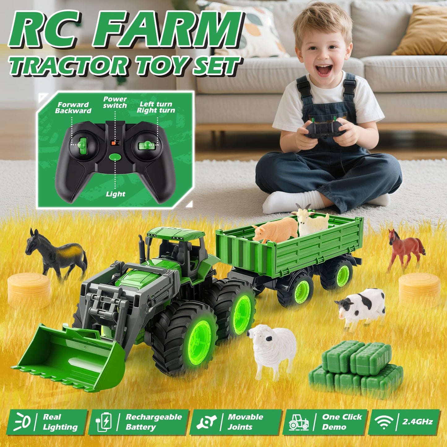 IJIGU Remote Control Tractor Toy Set with Trailer & Farm Accessories | 2.4 GHz