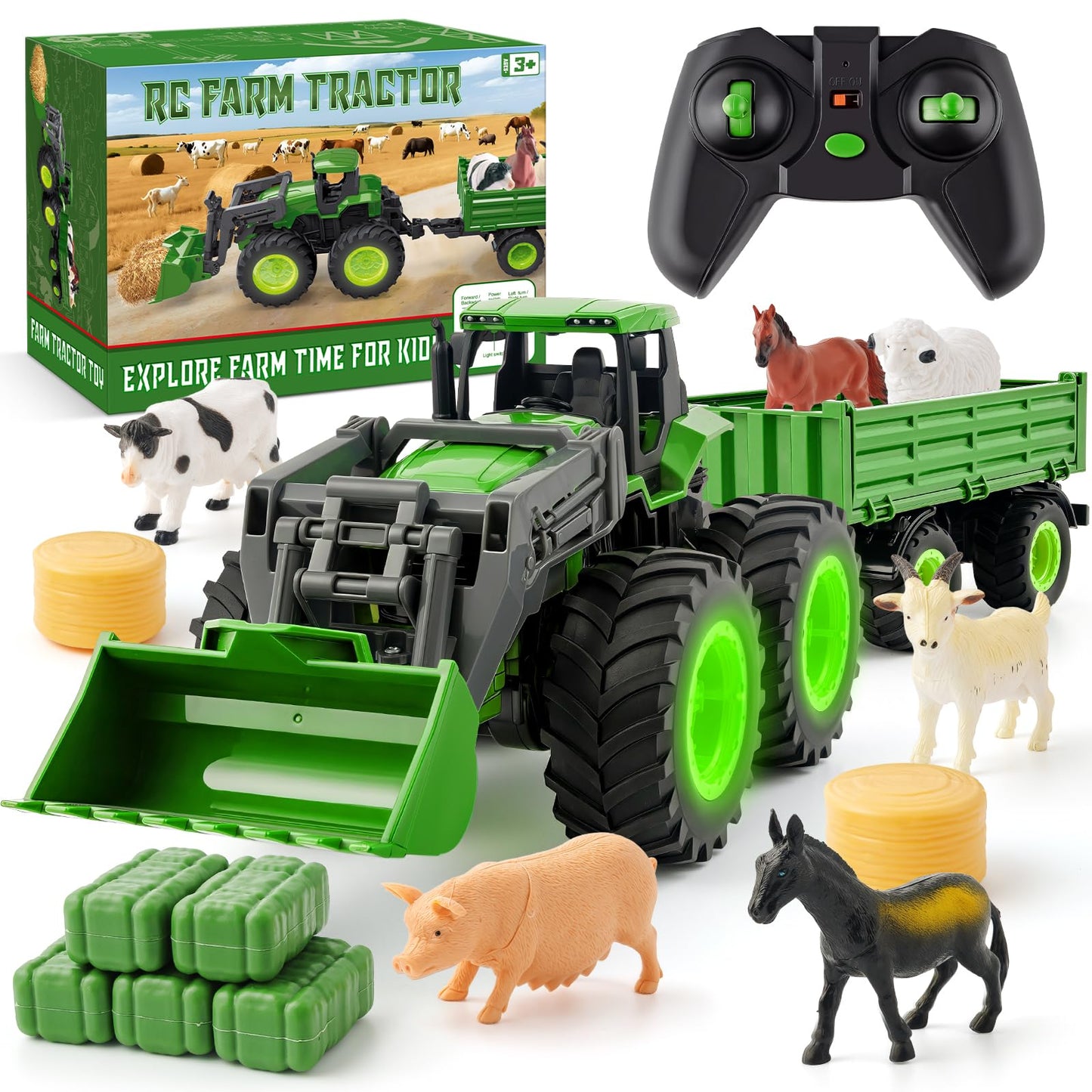 IJIGU Remote Control Tractor Toy Set with Trailer & Farm Accessories | 2.4 GHz