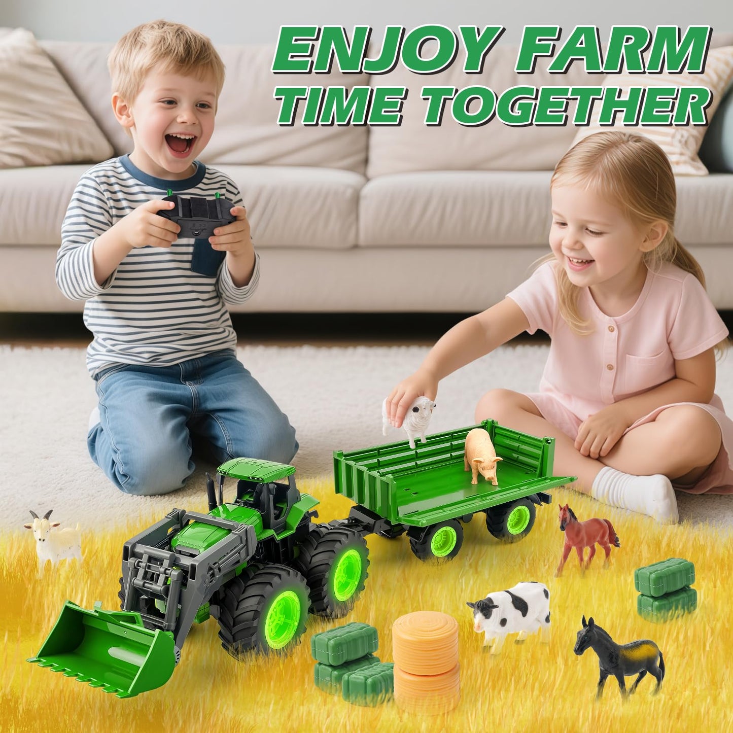 IJIGU Remote Control Tractor Toy Set with Trailer & Farm Accessories | 2.4 GHz