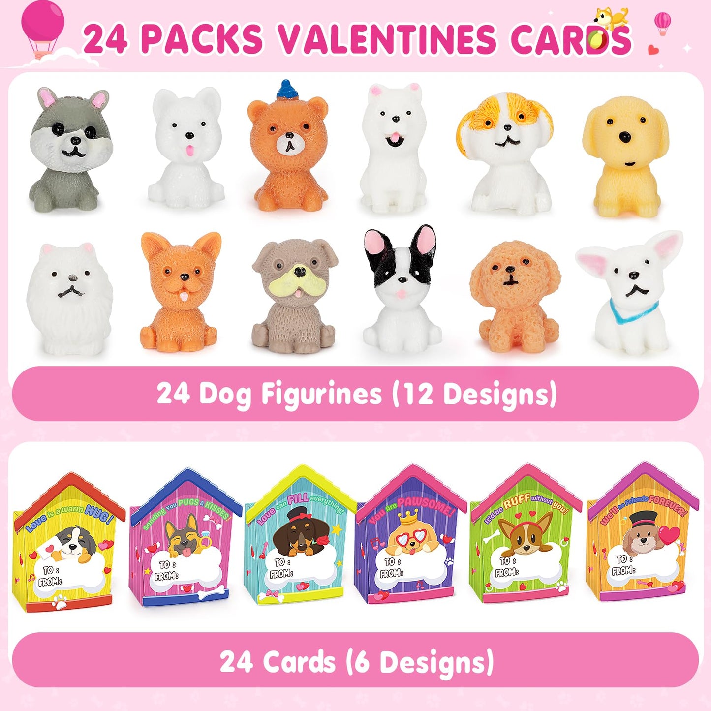 IJIGU Valentines Day Cards for Kids – 24 3D Dog-House Cards with Puppy Figurines