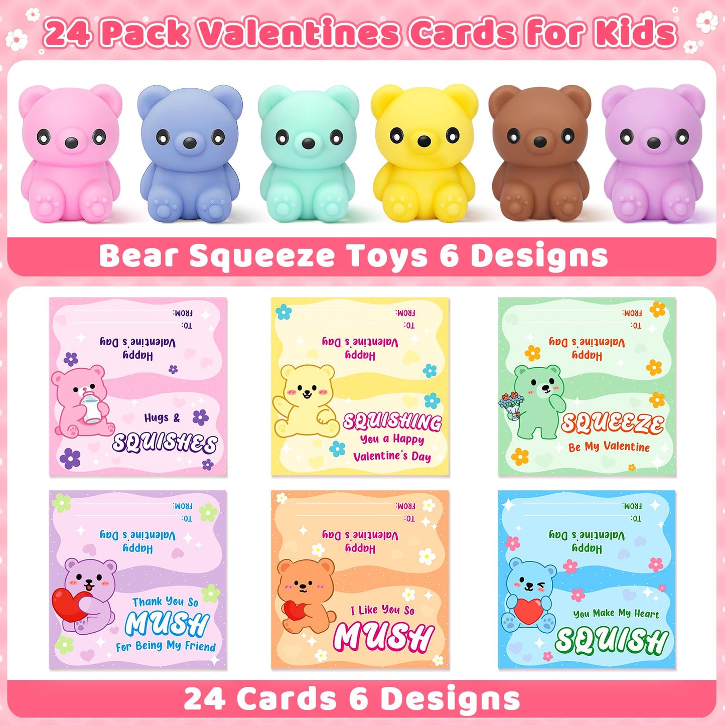 IJIGU Valentines Day Cards for Kids – 24 Macaron Bear Squeeze Toys & Cards, Classroom Gifts & Party Favors