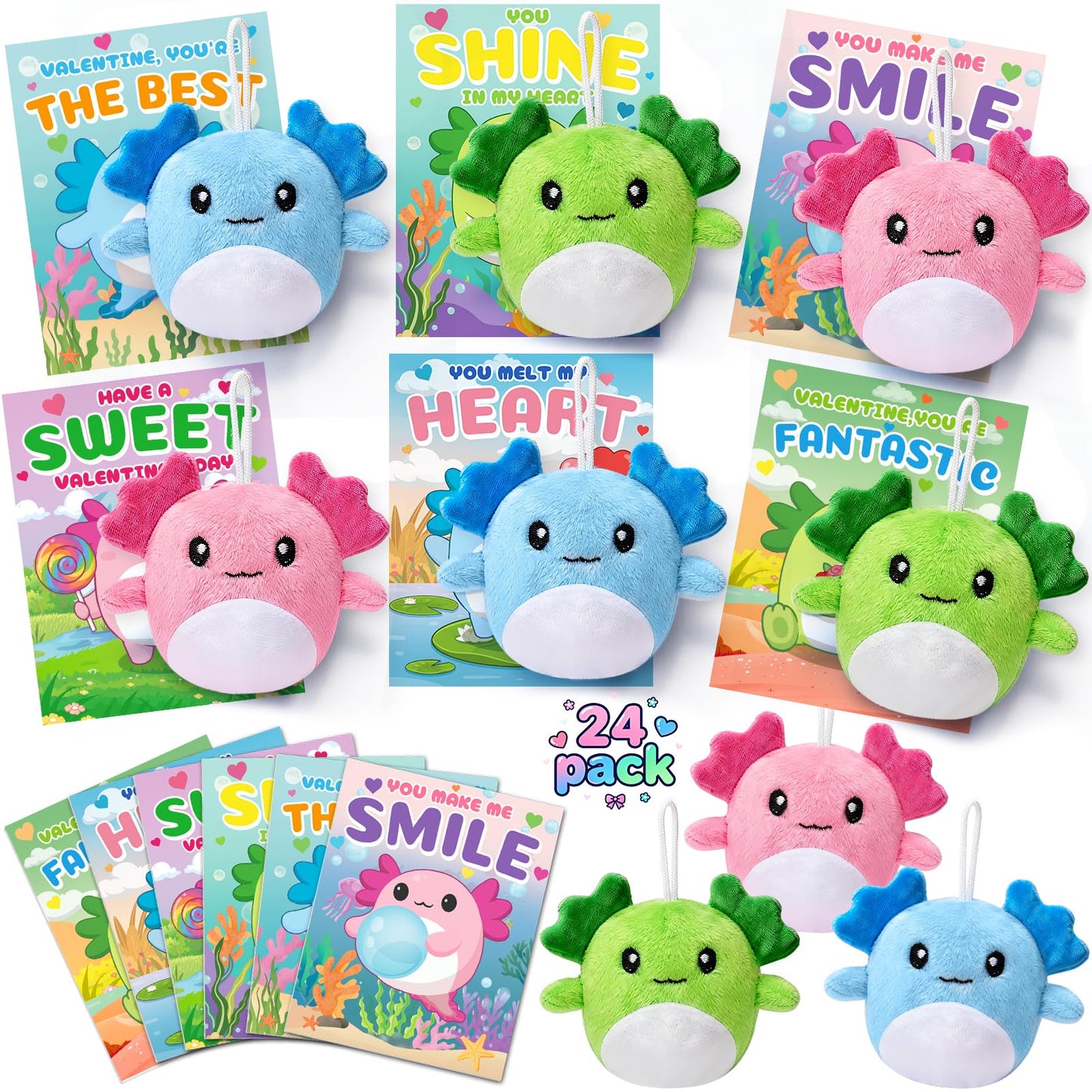 IJIGU Valentines Day Cards for Kids — 24 Axolotl Plush Keychains & Cards Set