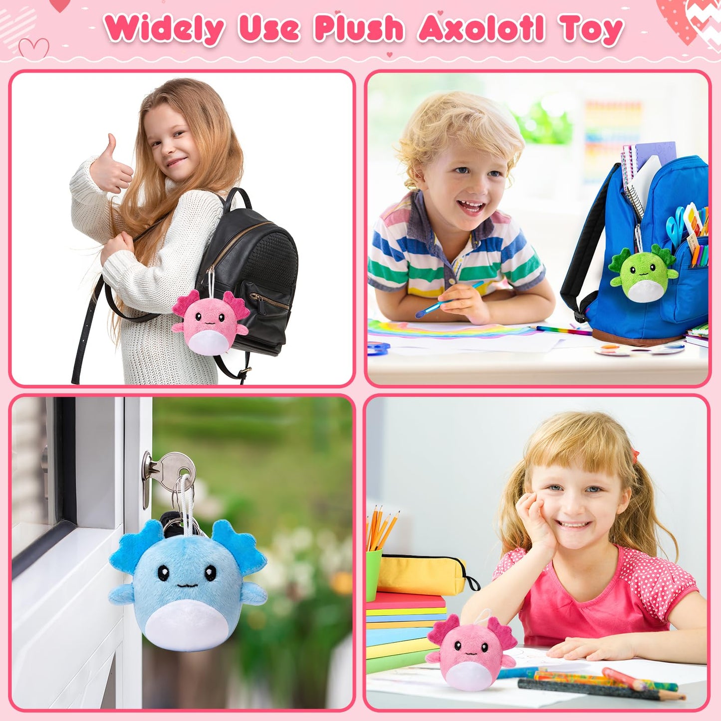 IJIGU Valentines Day Cards for Kids — 24 Axolotl Plush Keychains & Cards Set