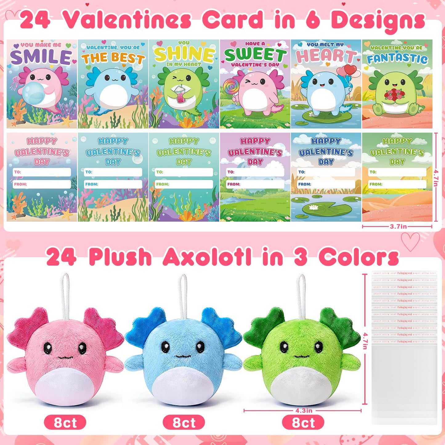 IJIGU Valentines Day Cards for Kids — 24 Axolotl Plush Keychains & Cards Set