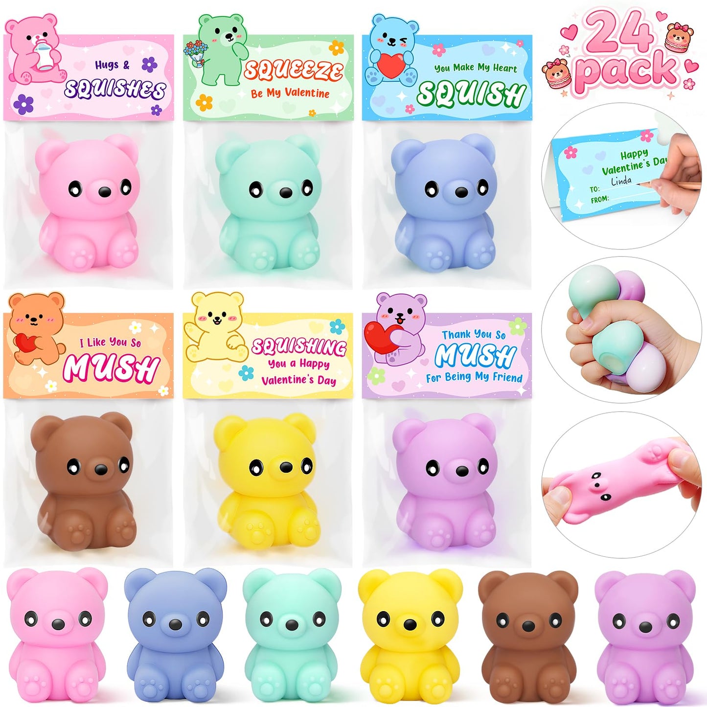 IJIGU Valentines Day Cards for Kids – 24 Macaron Bear Squeeze Toys & Cards, Classroom Gifts & Party Favors