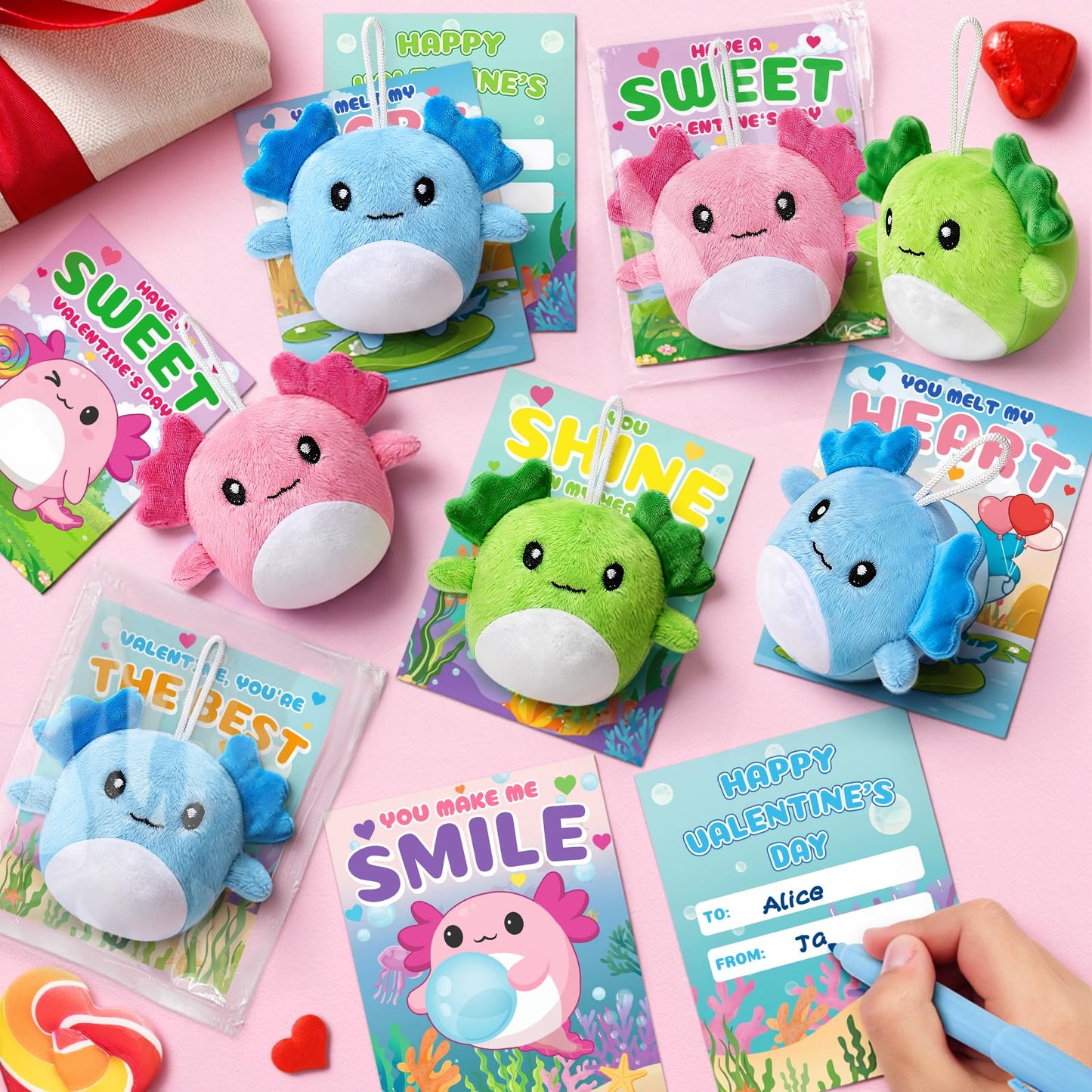 IJIGU Valentines Day Cards for Kids — 24 Axolotl Plush Keychains & Cards Set