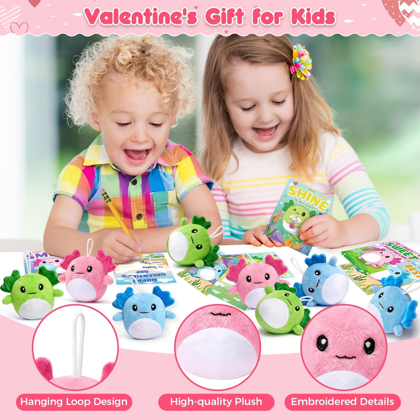 IJIGU Valentines Day Cards for Kids — 24 Axolotl Plush Keychains & Cards Set