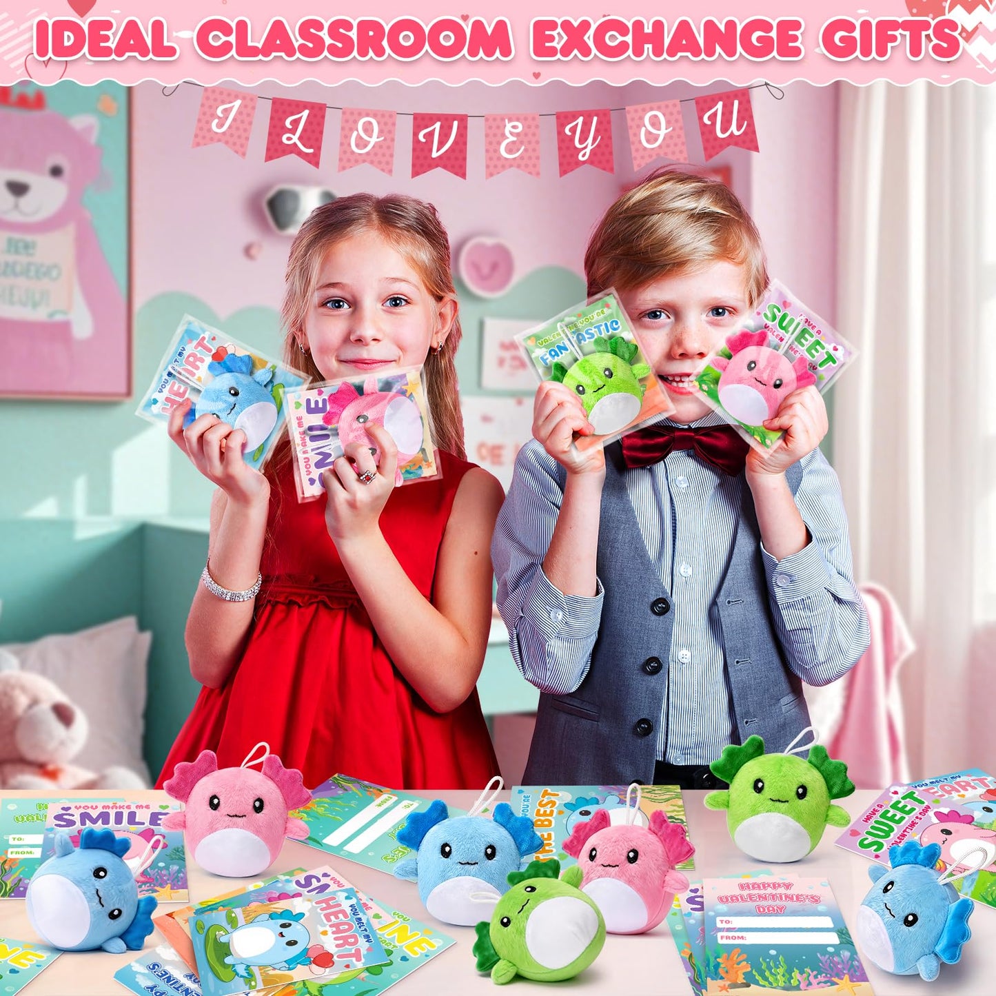 IJIGU Valentines Day Cards for Kids — 24 Axolotl Plush Keychains & Cards Set