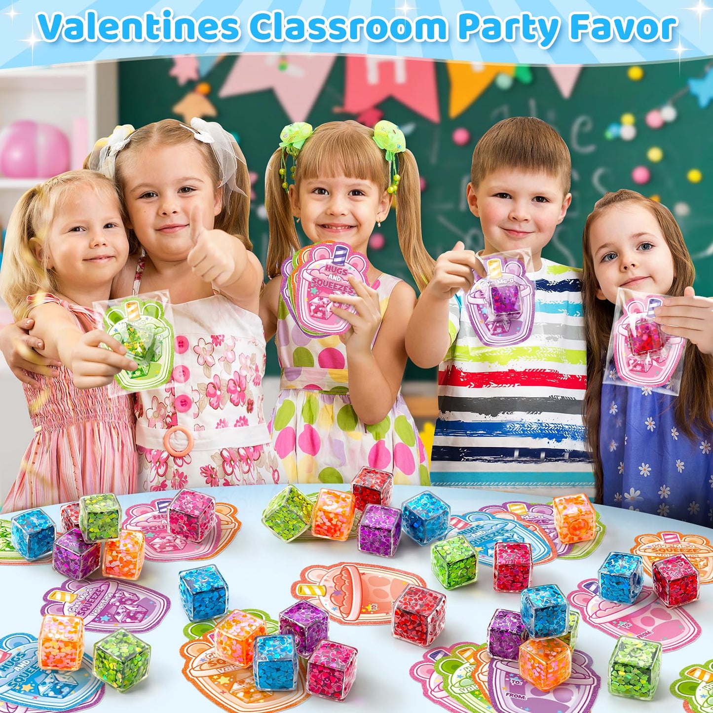 IJIGU Valentines Cards & 24 Ice Cube Glitter Stress Balls in 6 Colors for Kids