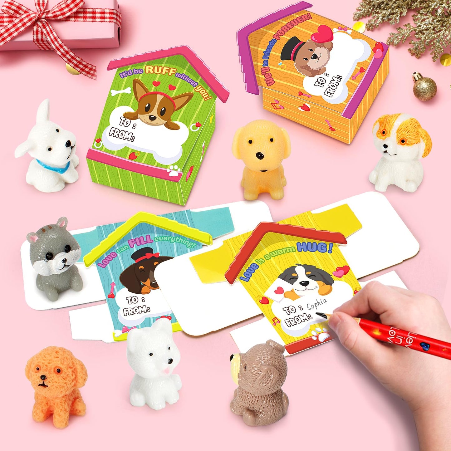 IJIGU Valentines Day Cards for Kids – 24 3D Dog-House Cards with Puppy Figurines
