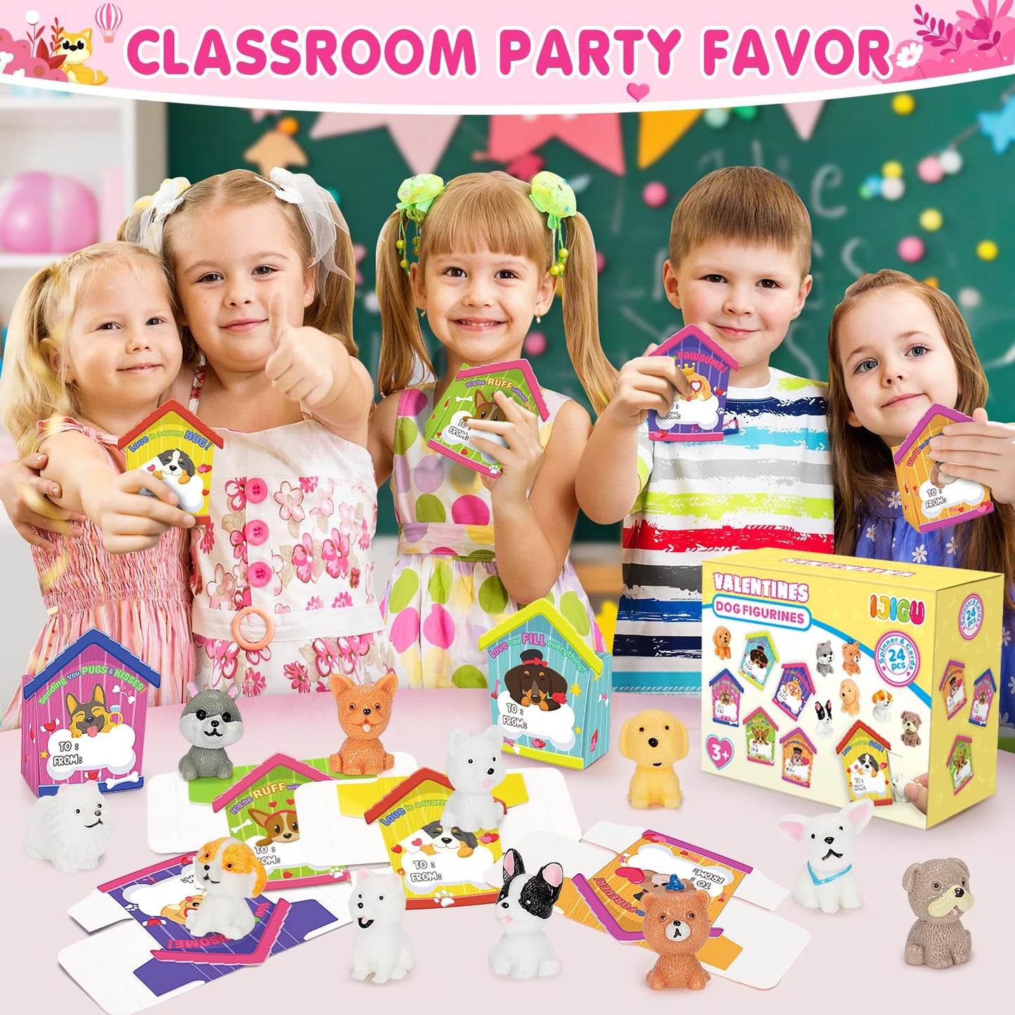 IJIGU Valentines Day Cards for Kids – 24 3D Dog-House Cards with Puppy Figurines