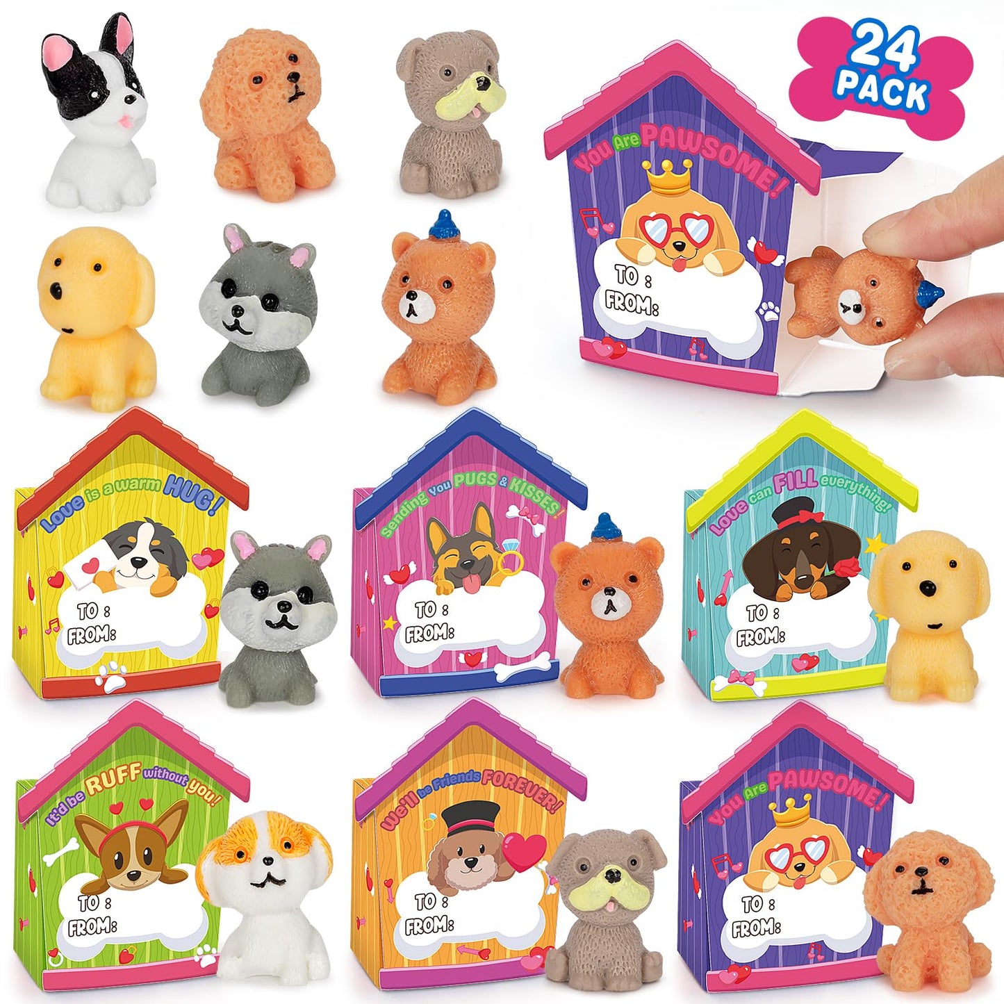 IJIGU Valentines Day Cards for Kids – 24 3D Dog-House Cards with Puppy Figurines