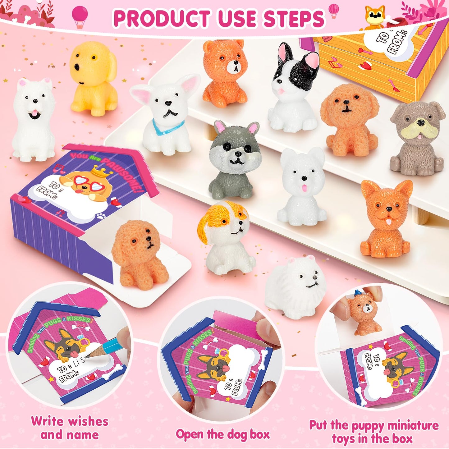 IJIGU Valentines Day Cards for Kids – 24 3D Dog-House Cards with Puppy Figurines