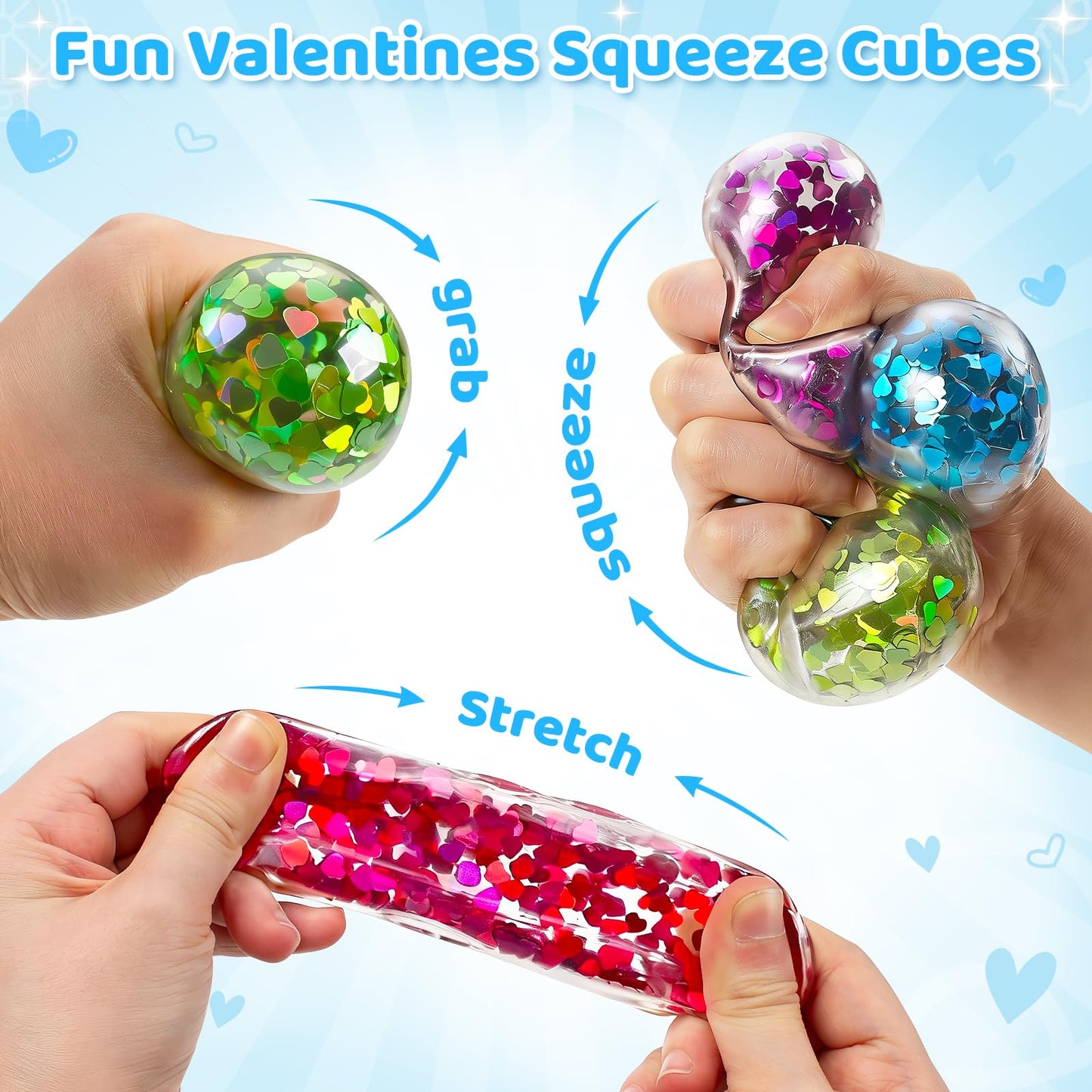 IJIGU Valentines Cards & 24 Ice Cube Glitter Stress Balls in 6 Colors for Kids