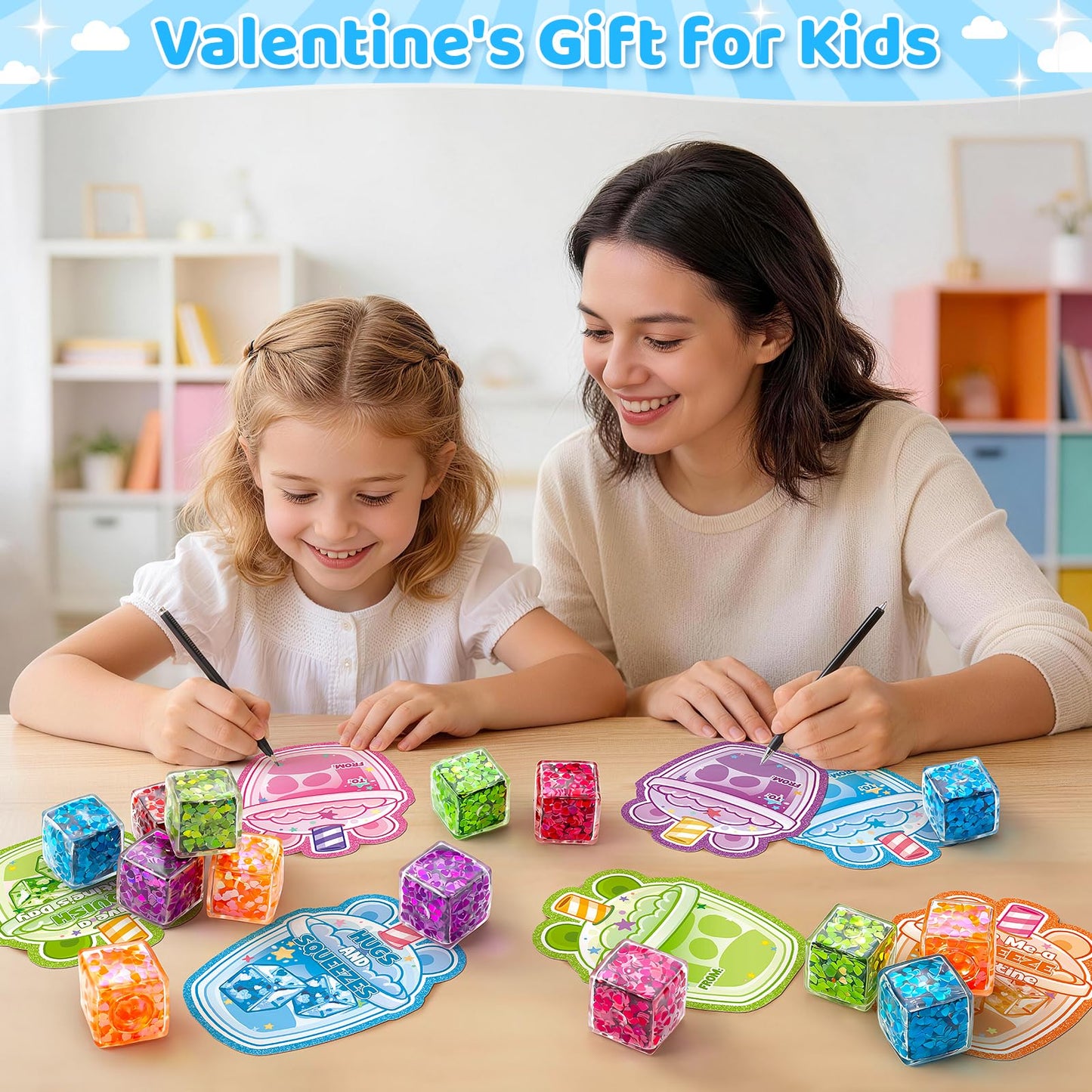 IJIGU Valentines Cards & 24 Ice Cube Glitter Stress Balls in 6 Colors for Kids