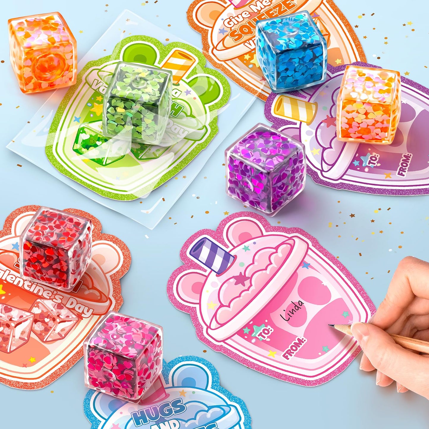 IJIGU Valentines Cards & 24 Ice Cube Glitter Stress Balls in 6 Colors for Kids