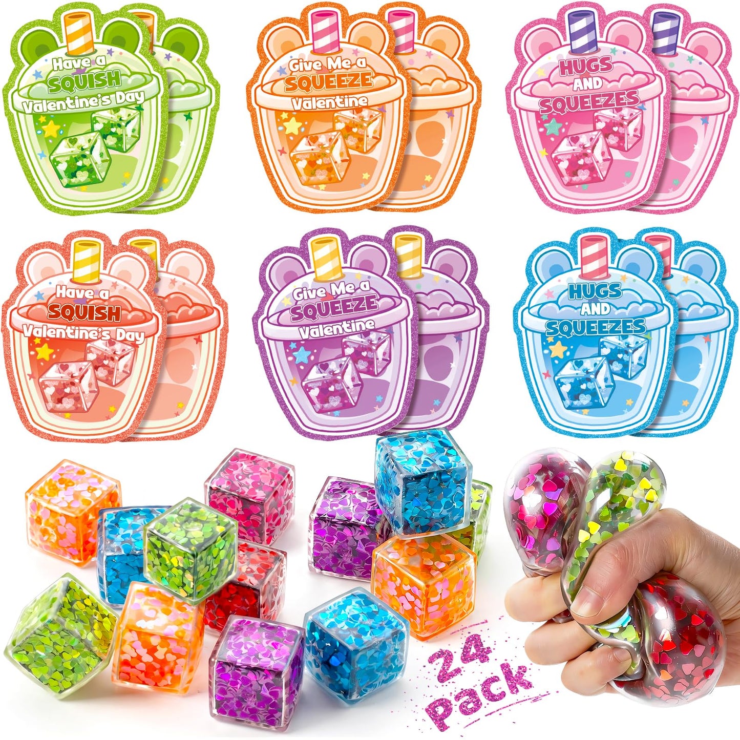 IJIGU Valentines Cards & 24 Ice Cube Glitter Stress Balls in 6 Colors for Kids