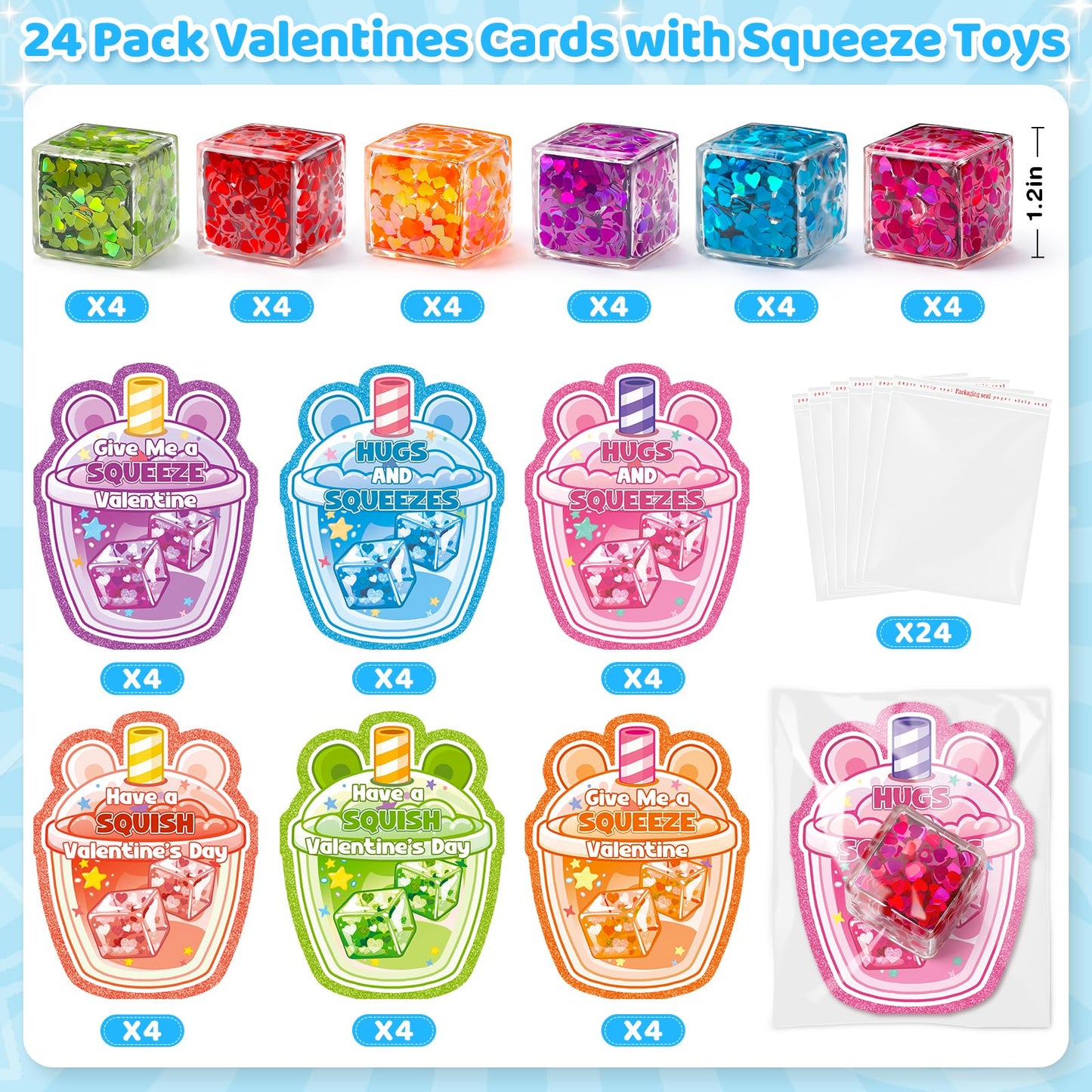 IJIGU Valentines Cards & 24 Ice Cube Glitter Stress Balls in 6 Colors for Kids