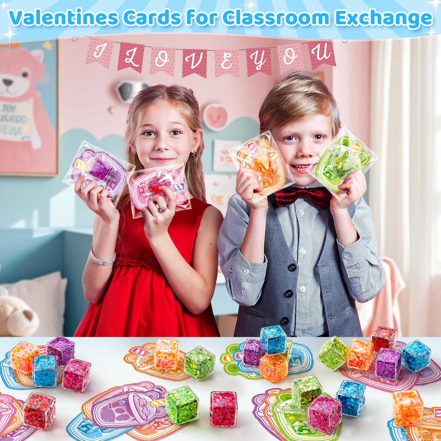 IJIGU Valentines Cards & 24 Ice Cube Glitter Stress Balls in 6 Colors for Kids