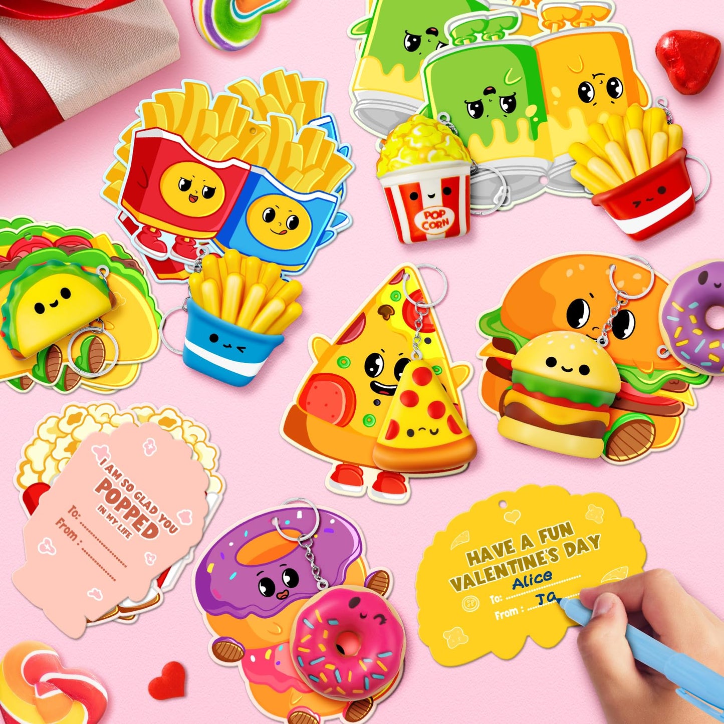IJIGU Valentines Day Cards for Kids – 25 Pack with Food Squishy Keychains