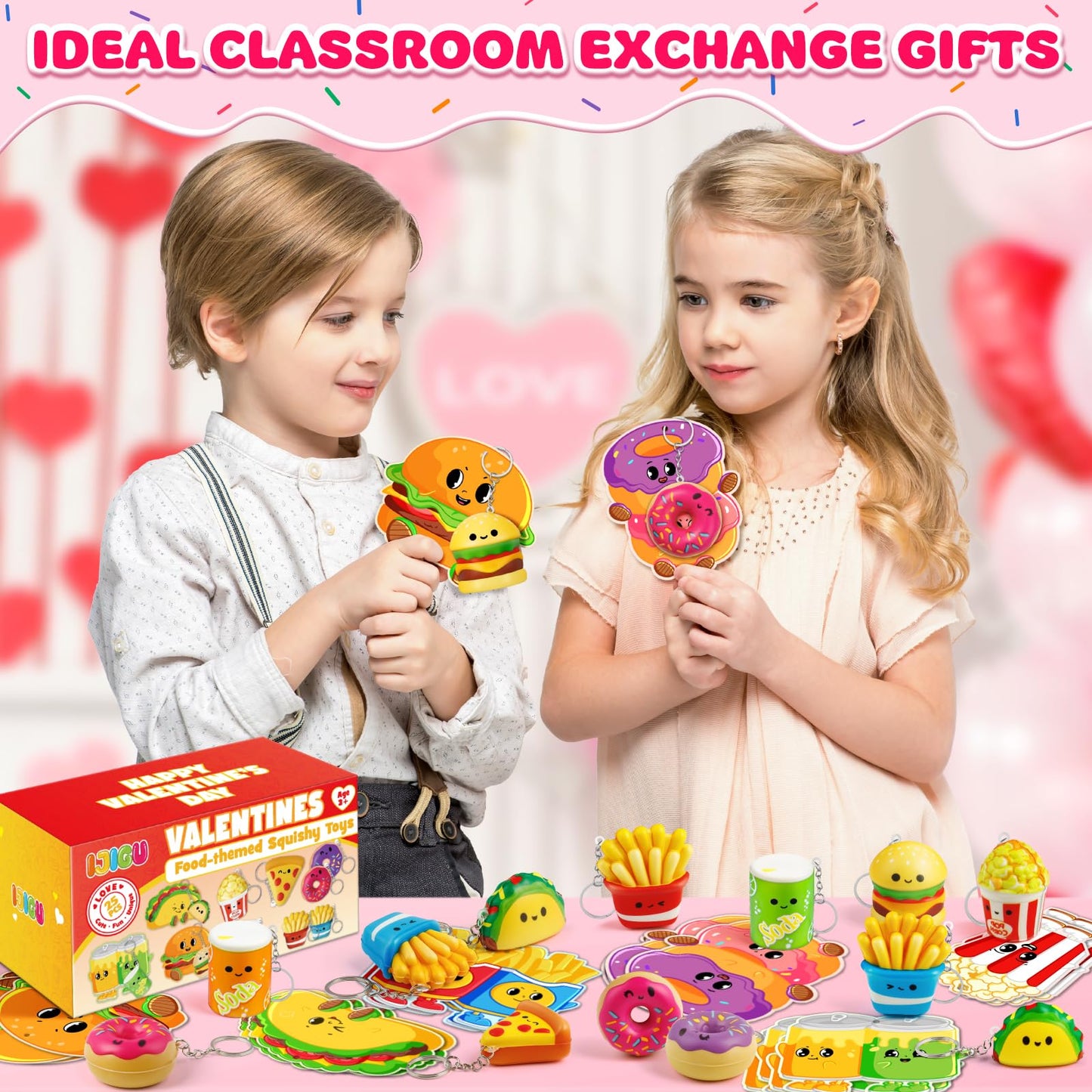 IJIGU Valentines Day Cards for Kids – 25 Pack with Food Squishy Keychains