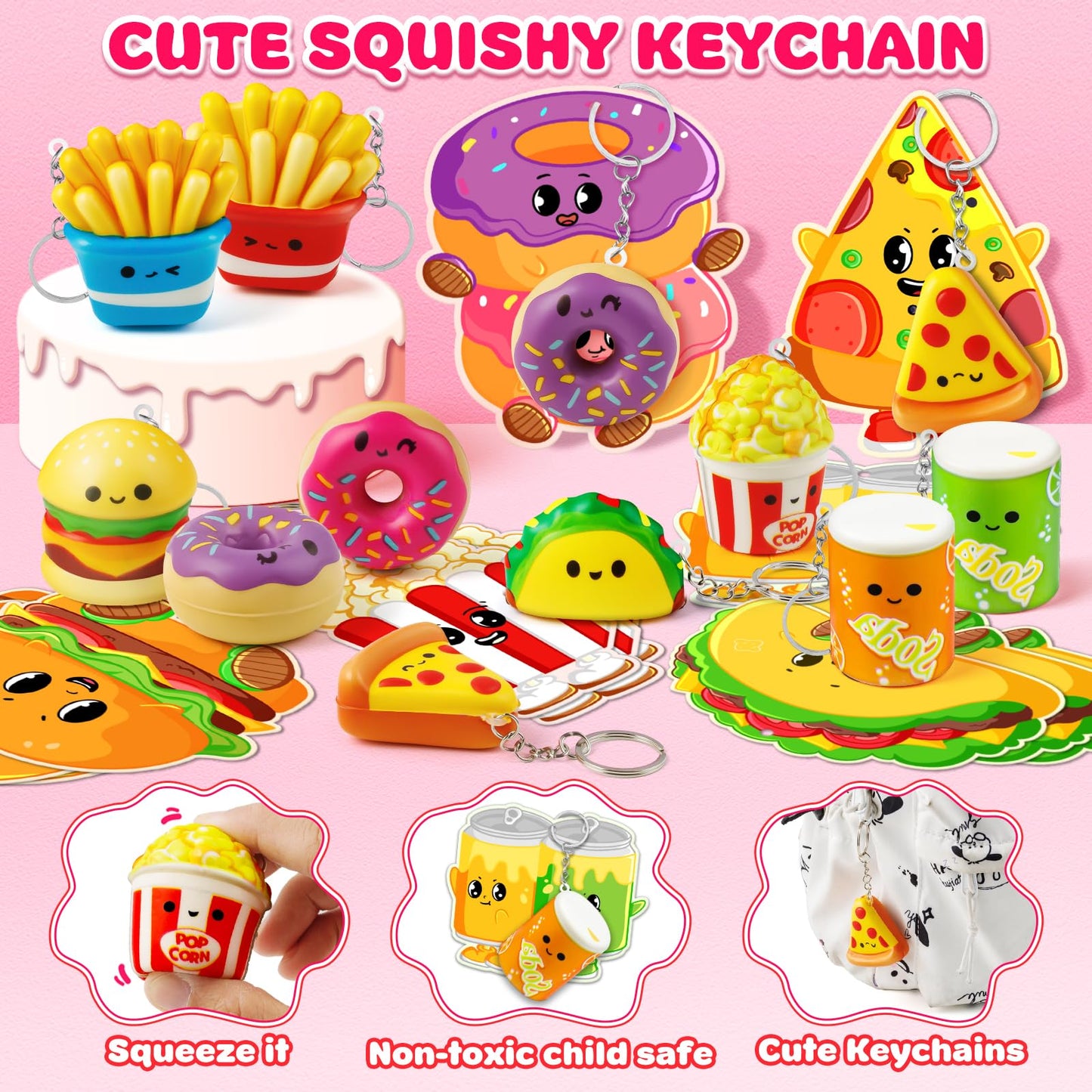 IJIGU Valentines Day Cards for Kids – 25 Pack with Food Squishy Keychains