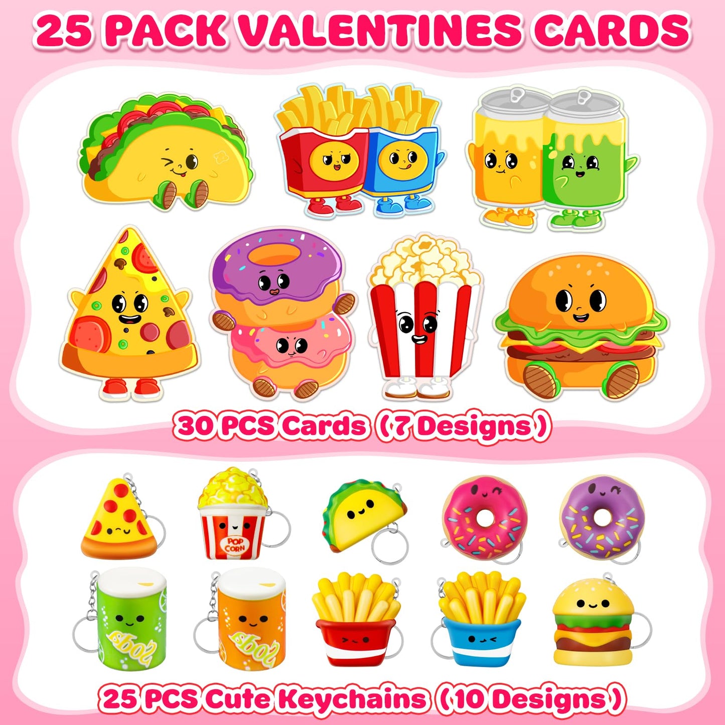 IJIGU Valentines Day Cards for Kids – 25 Pack with Food Squishy Keychains