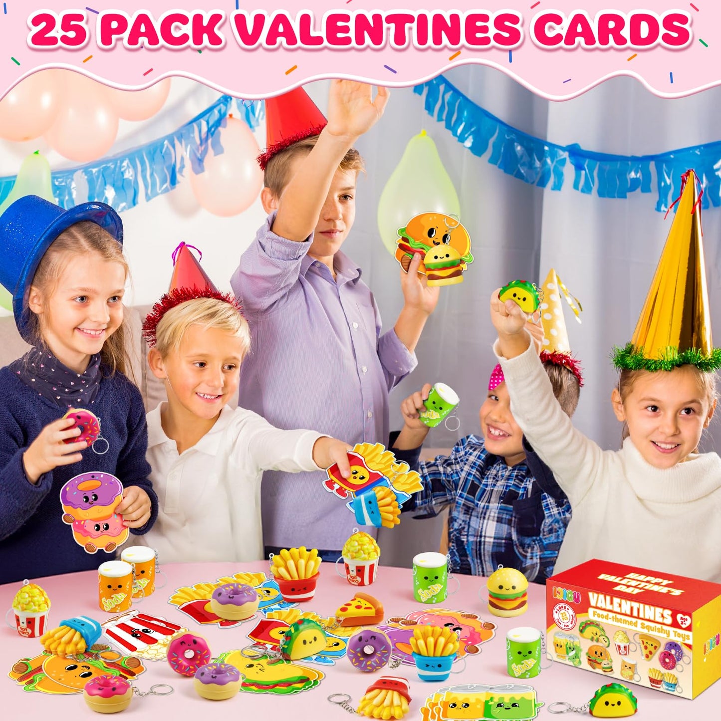 IJIGU Valentines Day Cards for Kids – 25 Pack with Food Squishy Keychains